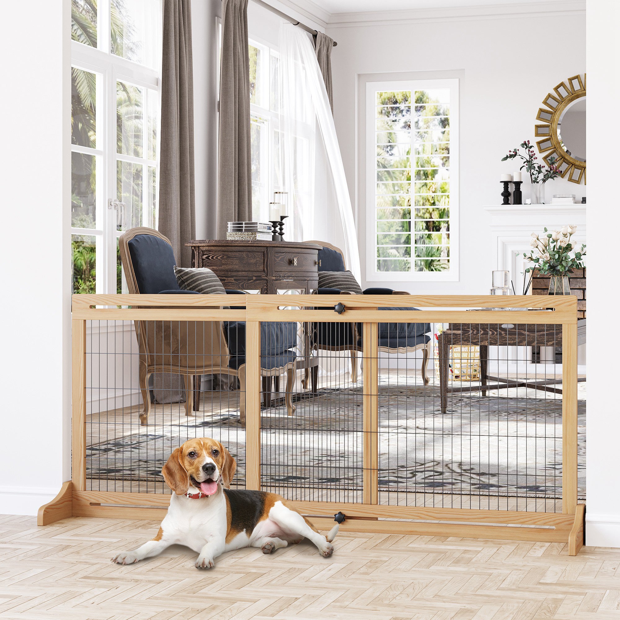 PawHut Free Standing Pet Gate, Wooden Foldable Dog Gate with 41"-72" Adjustable Length, Support Feet, Pet Barrier for Small Medium Dogs, for Stairway, Doorway, Hallway, Natural
