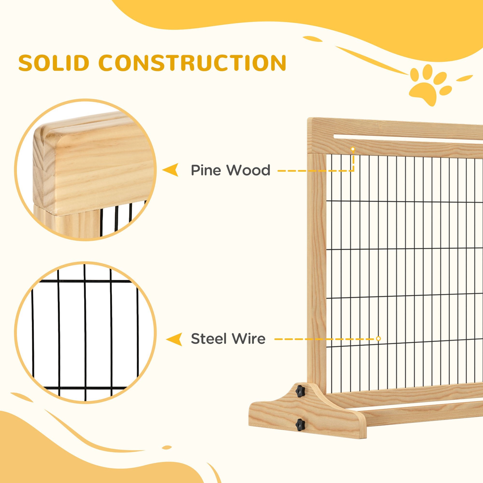 PawHut Free Standing Pet Gate, Wooden Foldable Dog Gate with 41"-72" Adjustable Length, Support Feet, Pet Barrier for Small Medium Dogs, for Stairway, Doorway, Hallway, Natural