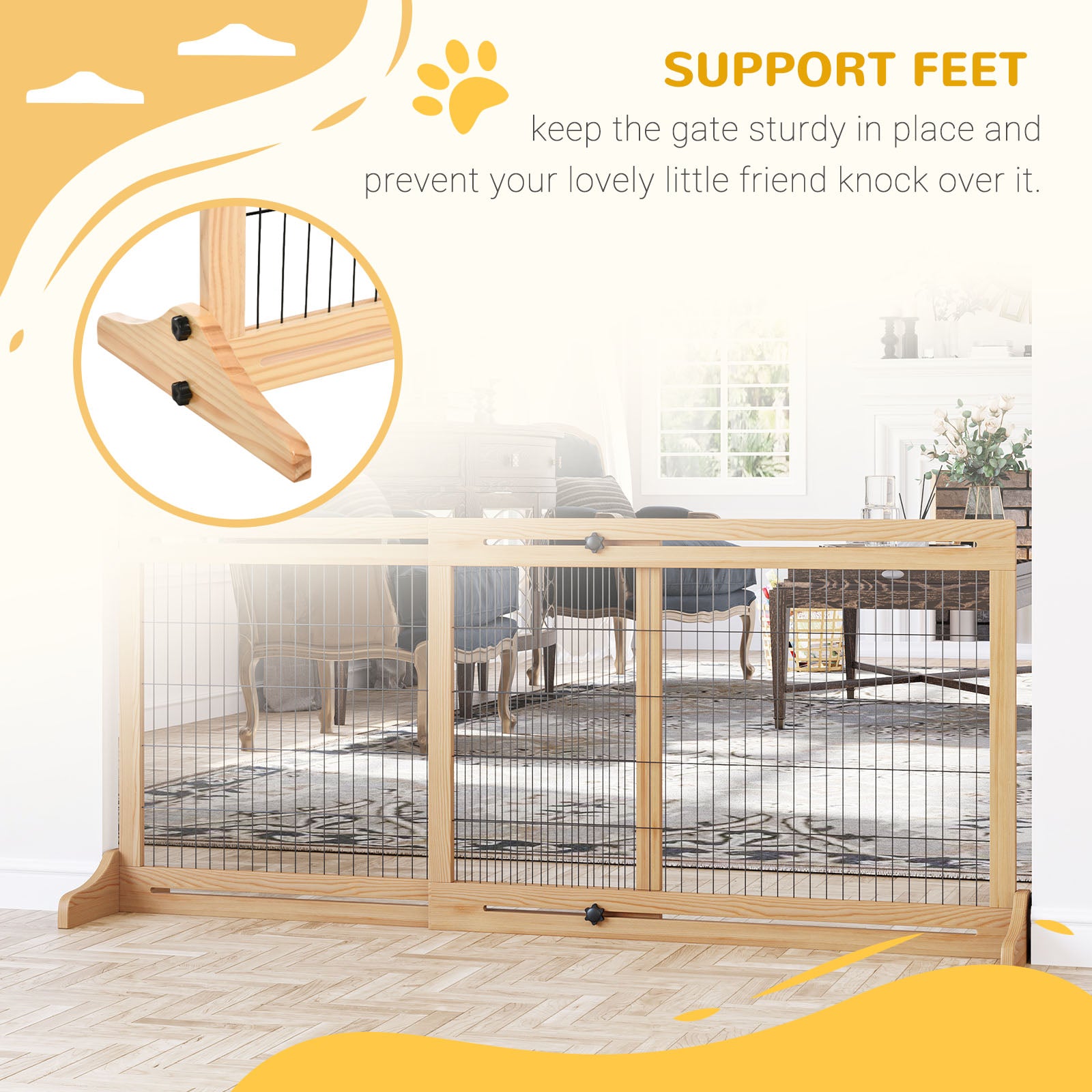 PawHut Free Standing Pet Gate, Wooden Foldable Dog Gate with 41"-72" Adjustable Length, Support Feet, Pet Barrier for Small Medium Dogs, for Stairway, Doorway, Hallway, Natural