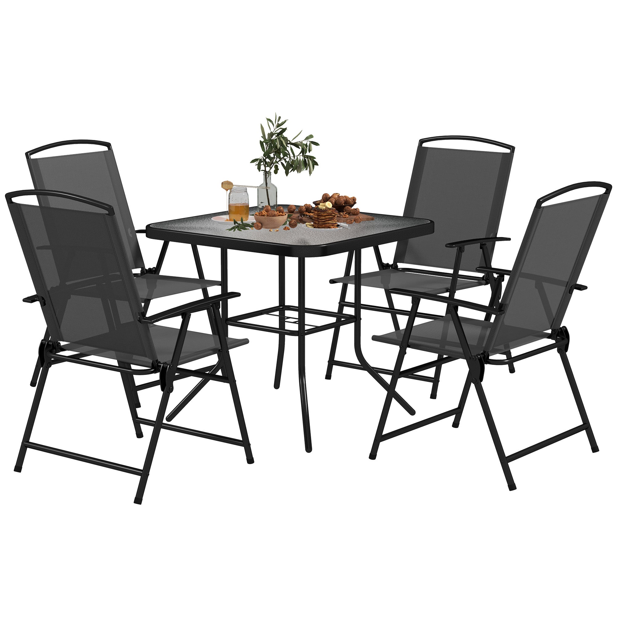 Outsunny 5 Pieces Patio Dining Set for 4, Outdoor Dining Set with Glass Top Table and 4 Mesh Folding Chairs, Small Outdoor Patio Furniture for Garden Backyard Poolside, Grey