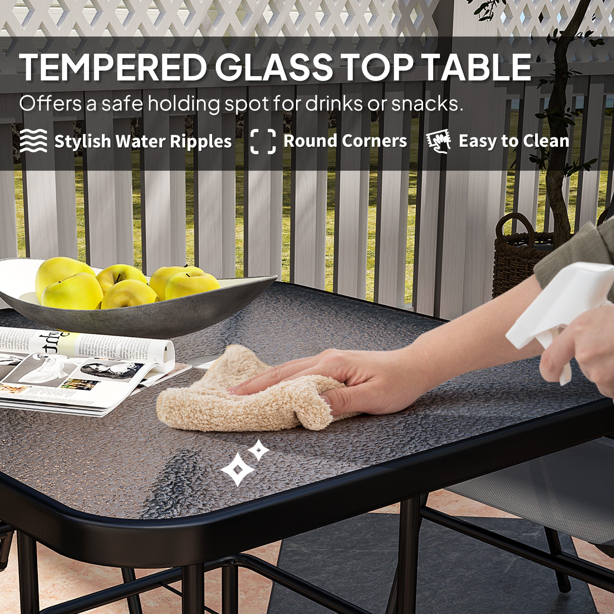 Outsunny 5 Pieces Patio Dining Set for 4, Outdoor Dining Set with Glass Top Table and 4 Mesh Folding Chairs, Small Outdoor Patio Furniture for Garden Backyard Poolside, Grey