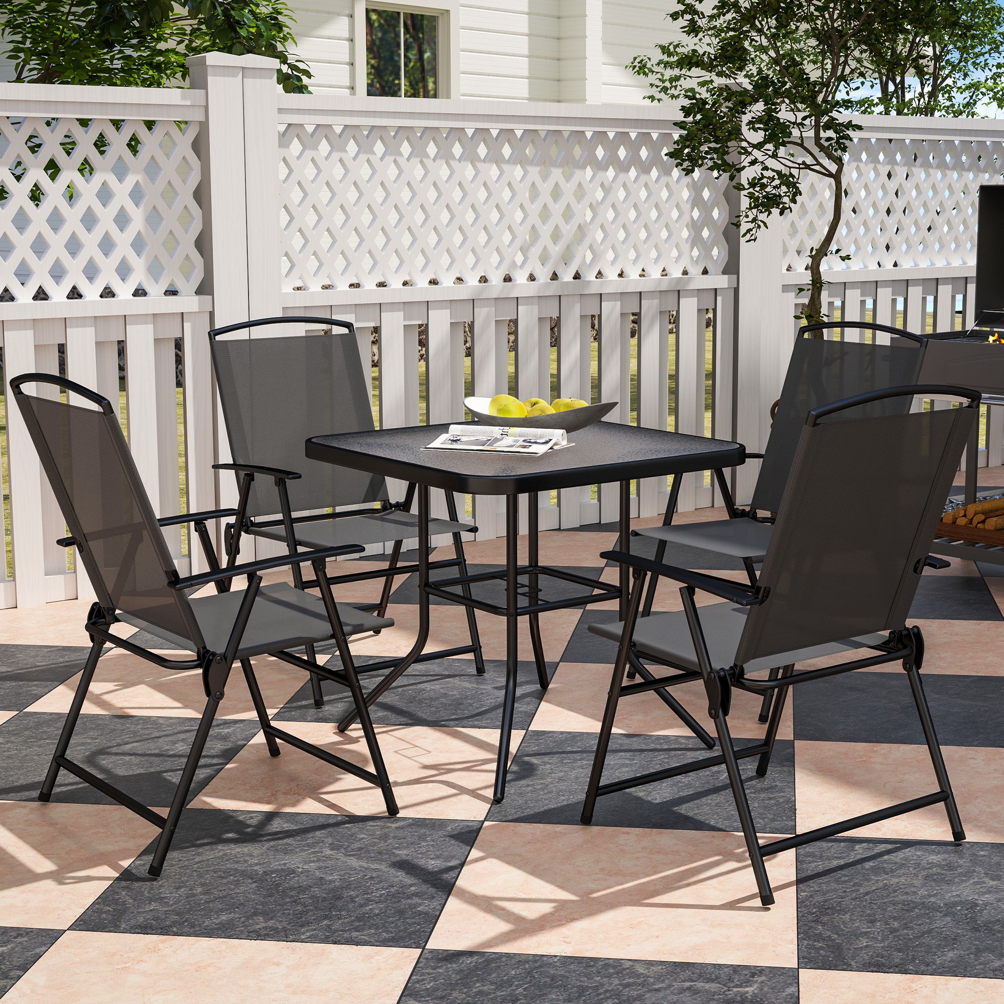 Outsunny 5 Pieces Patio Dining Set for 4, Outdoor Dining Set with Glass Top Table and 4 Mesh Folding Chairs, Small Outdoor Patio Furniture for Garden Backyard Poolside, Grey
