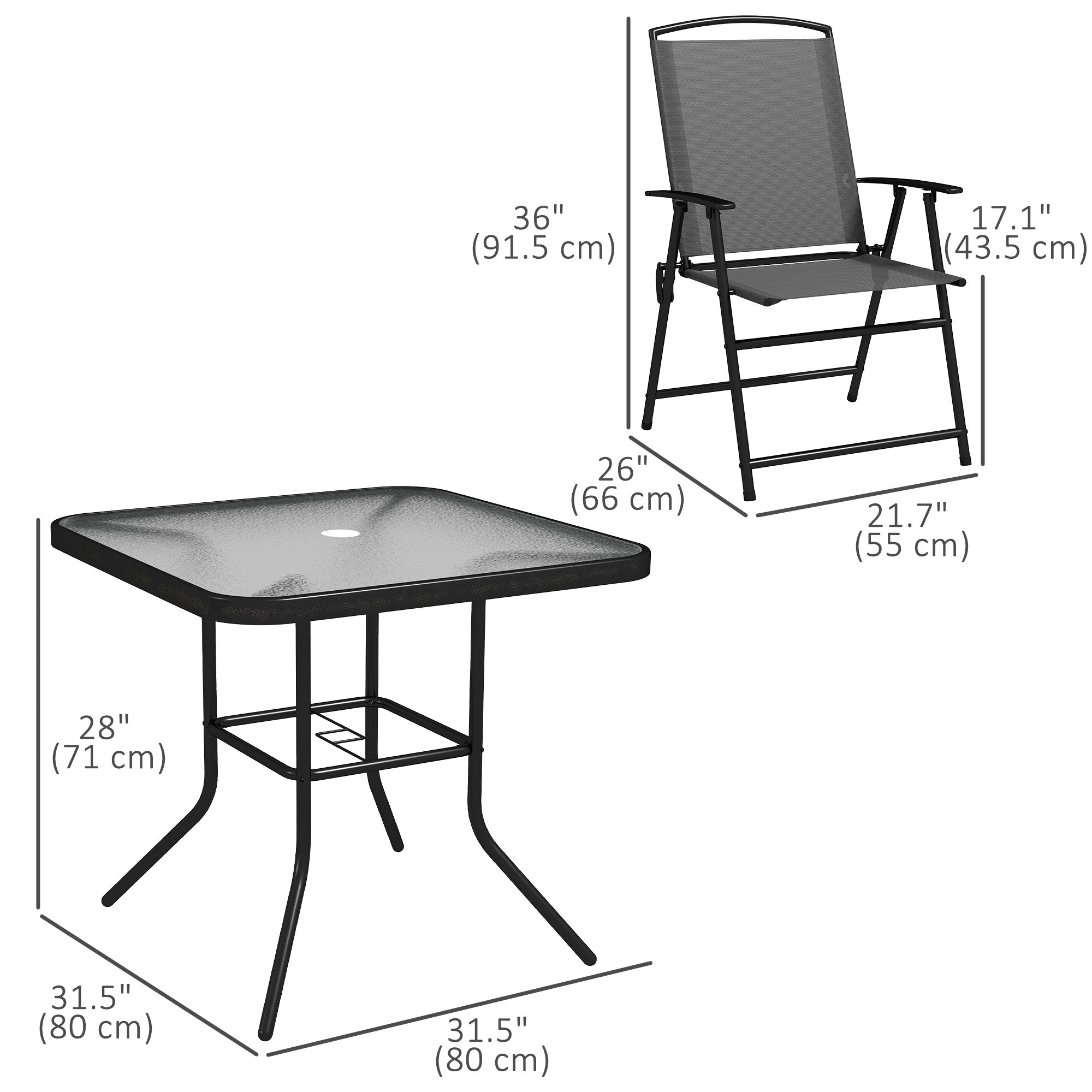 Outsunny 5 Pieces Patio Dining Set for 4, Outdoor Dining Set with Glass Top Table and 4 Mesh Folding Chairs, Small Outdoor Patio Furniture for Garden Backyard Poolside, Grey