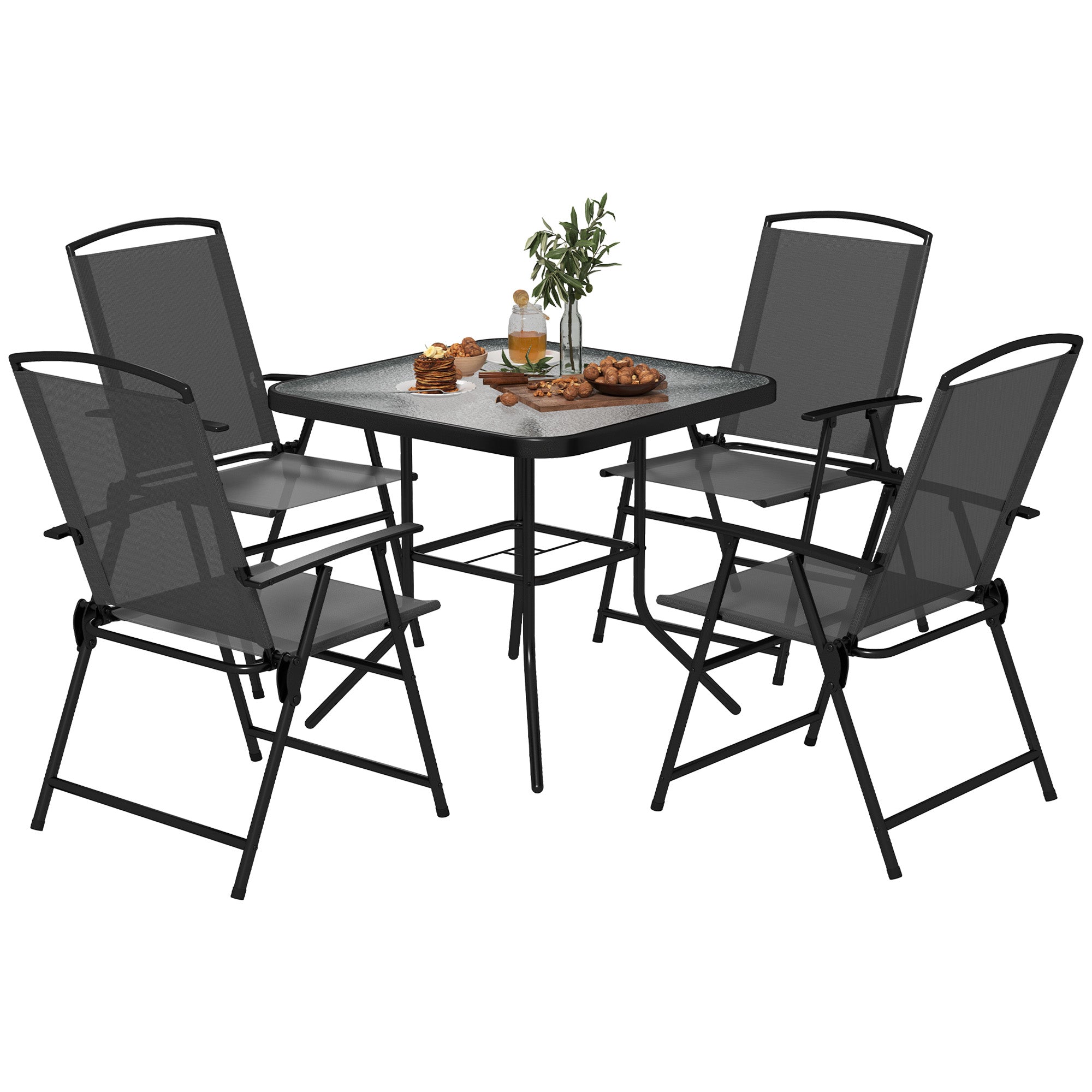 Outsunny 5 Pieces Patio Dining Set for 4, Outdoor Dining Set with Glass Top Table and 4 Mesh Folding Chairs, Small Outdoor Patio Furniture for Garden Backyard Poolside, Grey