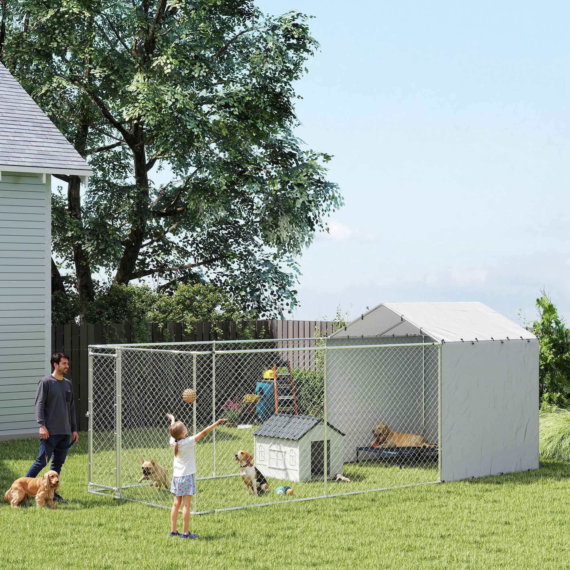 PawHut Outdoor Dog Kennel with Waterproof & UV-Resistant Cover, Dog Run with Secure Lock for Small Medium Large Dogs, 19.7' x 7.5' x 7.5'