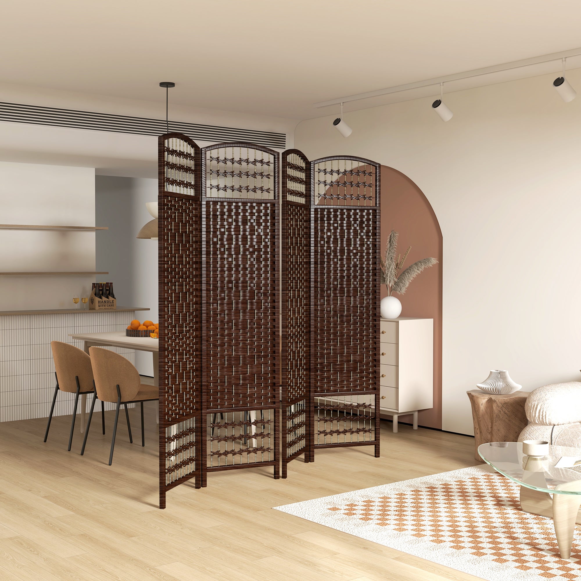 HOMCOM 4 Panel Room Divider, 5.6 ft Tall Folding Privacy Screen, Wave Fiber Freestanding Partition Wall Divider for Home Office, Brown