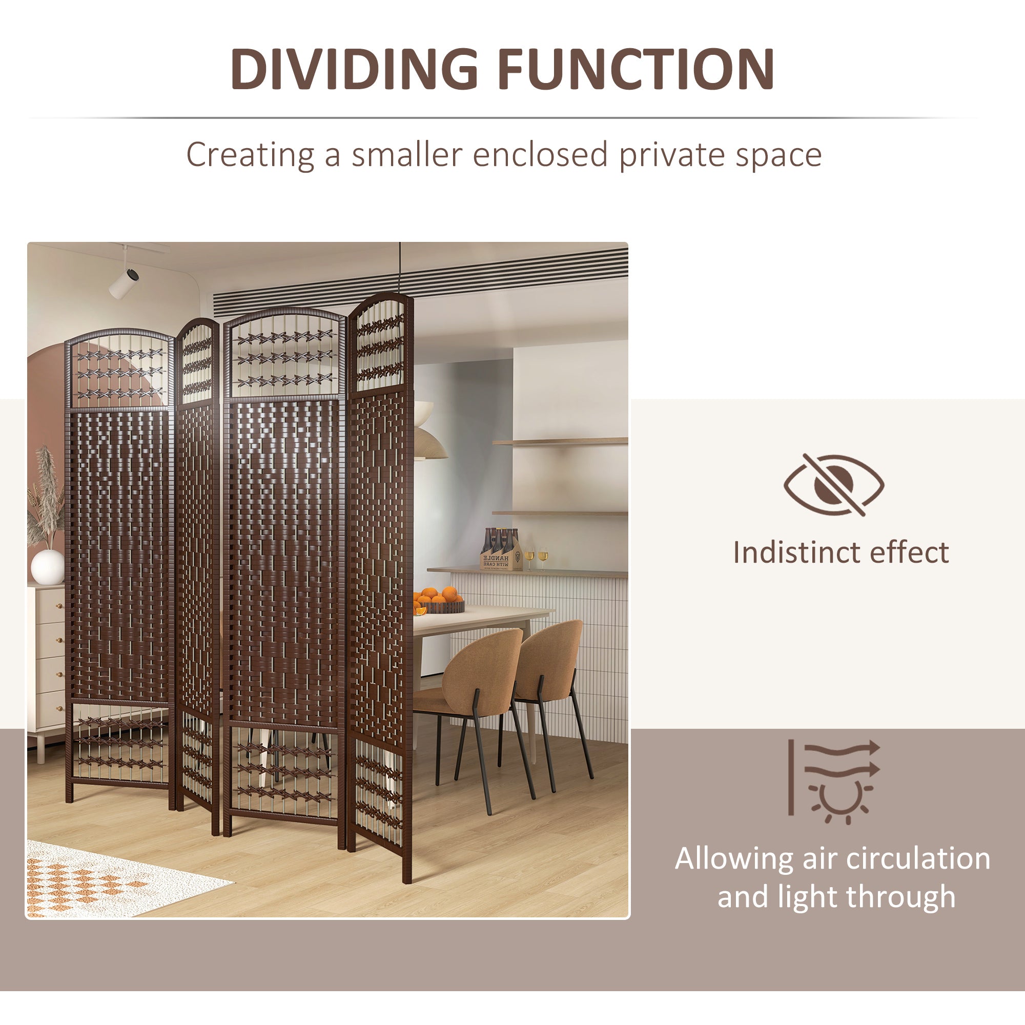 HOMCOM 4 Panel Room Divider, 5.6 ft Tall Folding Privacy Screen, Wave Fiber Freestanding Partition Wall Divider for Home Office, Brown