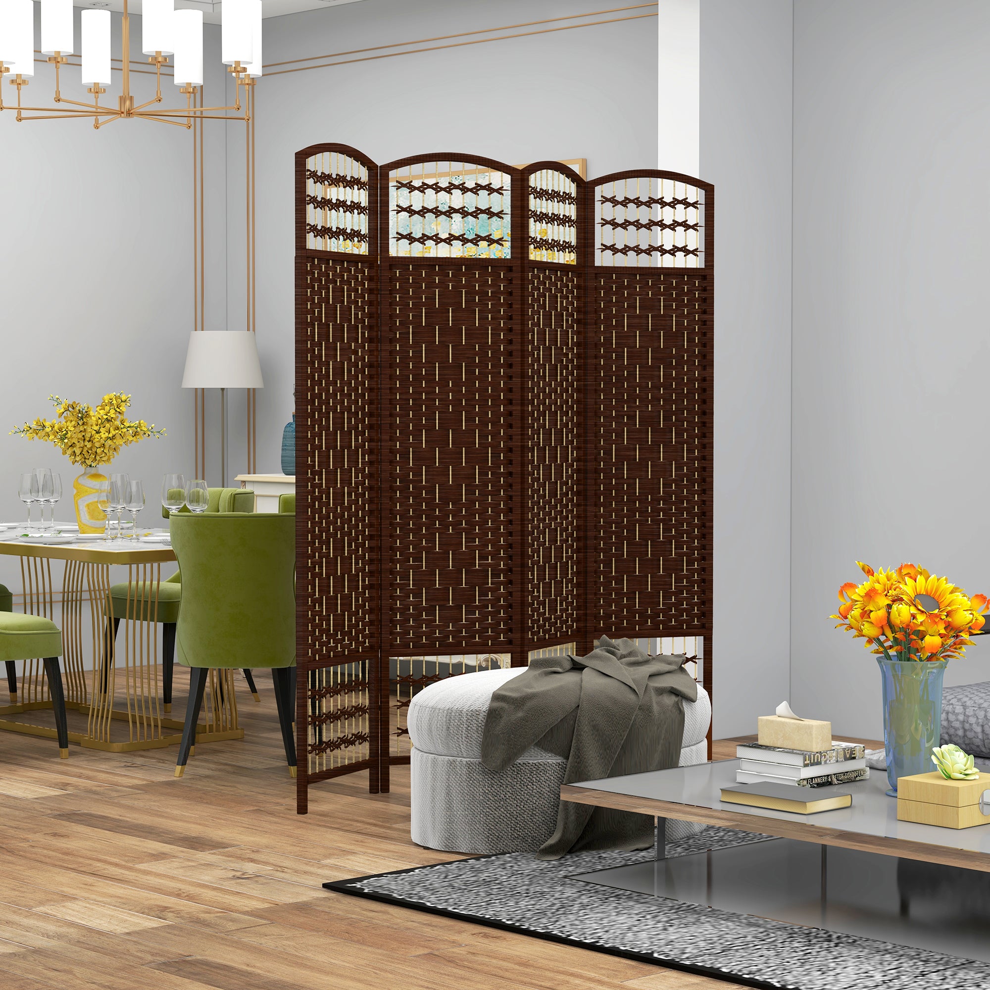 HOMCOM 4 Panel Room Divider, 5.6 ft Tall Folding Privacy Screen, Wave Fiber Freestanding Partition Wall Divider for Home Office, Brown