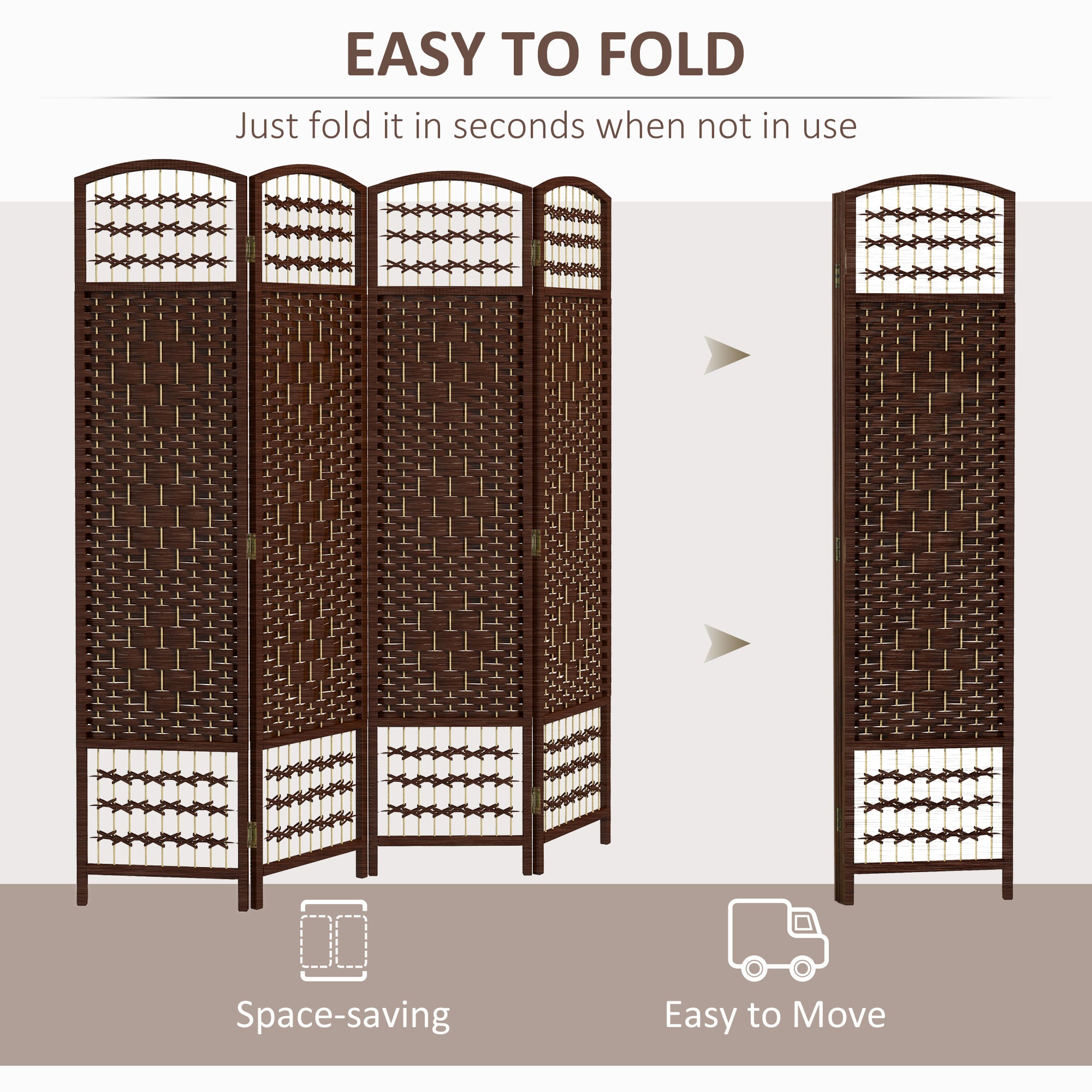 HOMCOM 4 Panel Room Divider, 5.6 ft Tall Folding Privacy Screen, Wave Fiber Freestanding Partition Wall Divider for Home Office, Brown