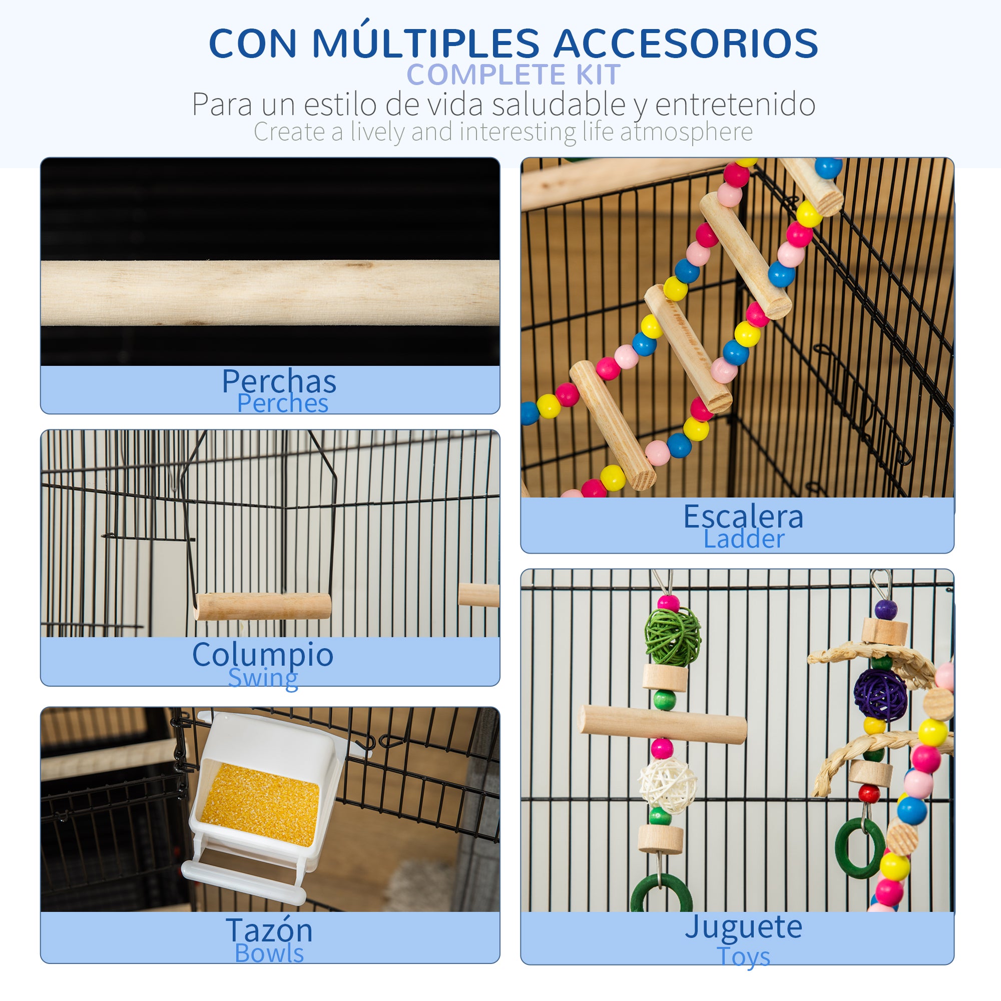 PawHut Bird Cage for Budgies, Finches, Canaries w/ Accessories, Toys, Tray, Handle, 46 x 36 x 100cm - Black