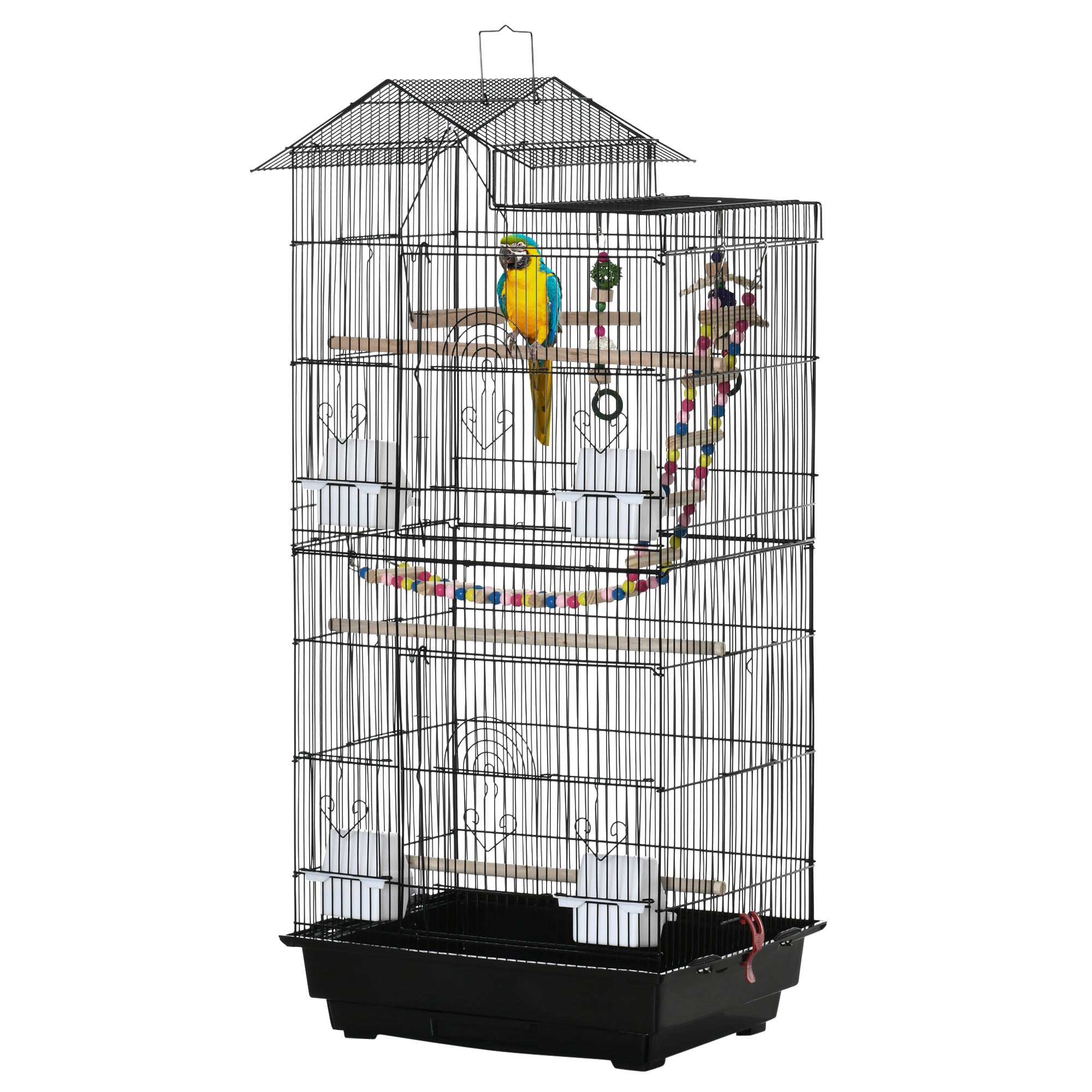 PawHut 39" Bird Cage for Budgie, Cockatiel, Conure, Small Birds, Parrot Cage with Ladder, Swing, Toys, Perches, Tray, Feeding Bowls, Handle, Black