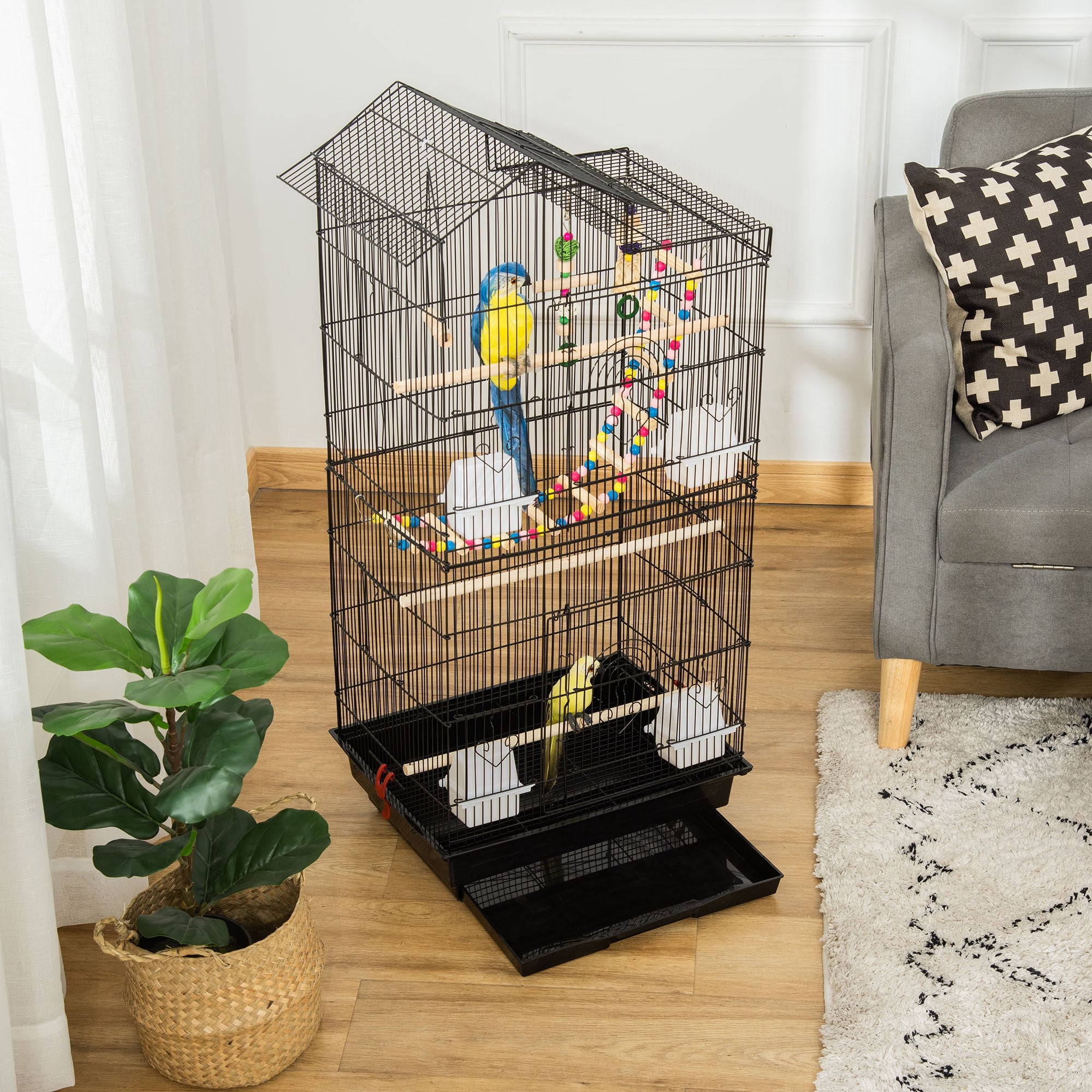 PawHut 39" Bird Cage for Budgie, Cockatiel, Conure, Small Birds, Parrot Cage with Ladder, Swing, Toys, Perches, Tray, Feeding Bowls, Handle, Black