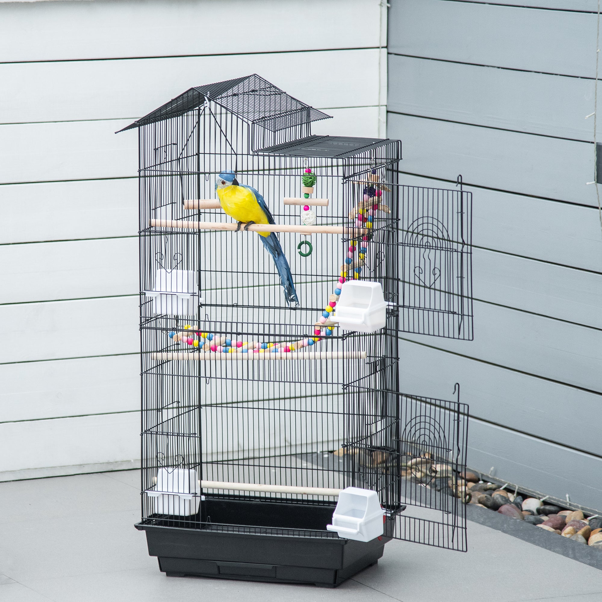 PawHut 39" Bird Cage for Budgie, Cockatiel, Conure, Small Birds, Parrot Cage with Ladder, Swing, Toys, Perches, Tray, Feeding Bowls, Handle, Black