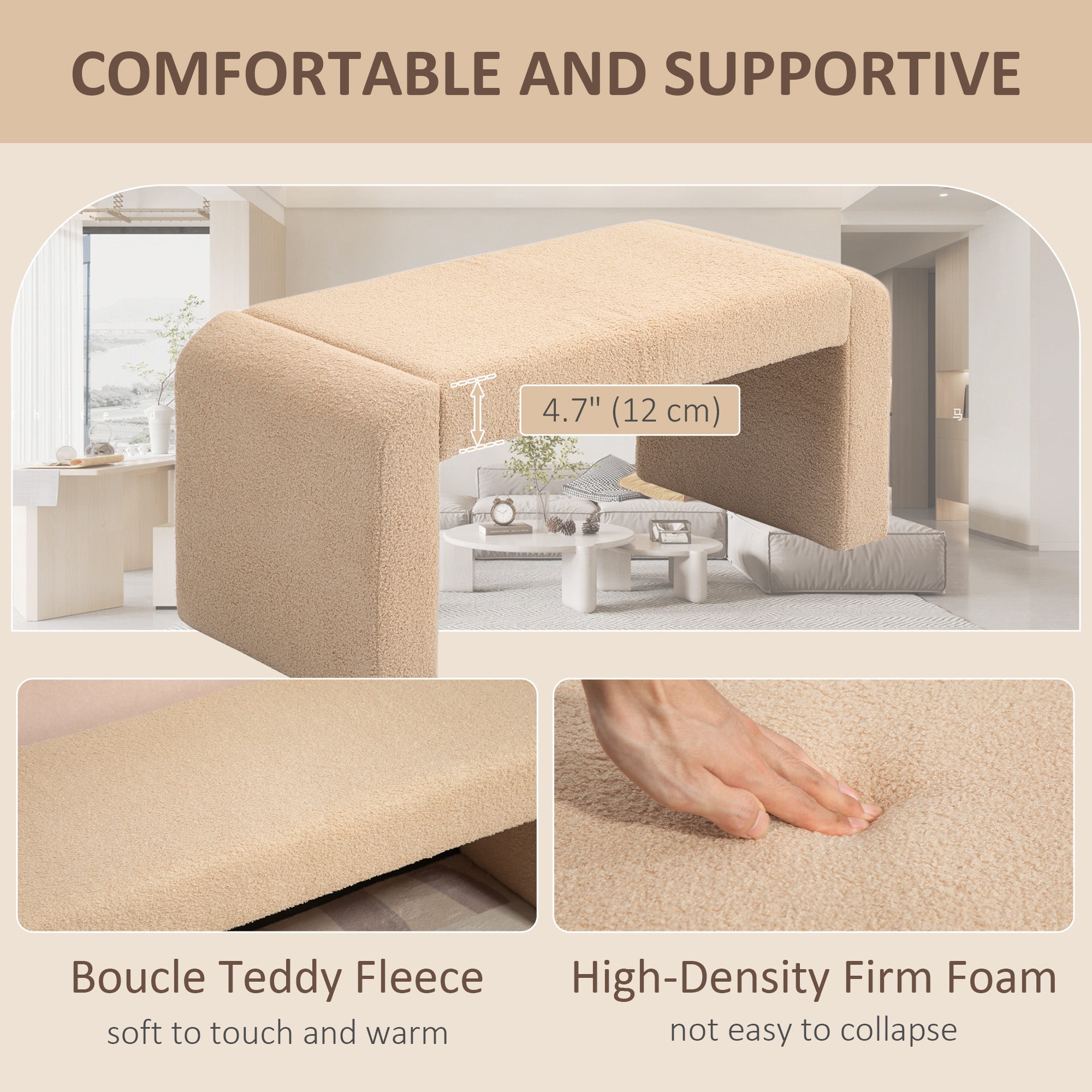 HOMCOM 39" Upholstered End of Bed Bench, Boucle Entryway Bench, Modern U-Shaped Ottoman Bench for Bedroom, Living Room, Hallway, Light Brown