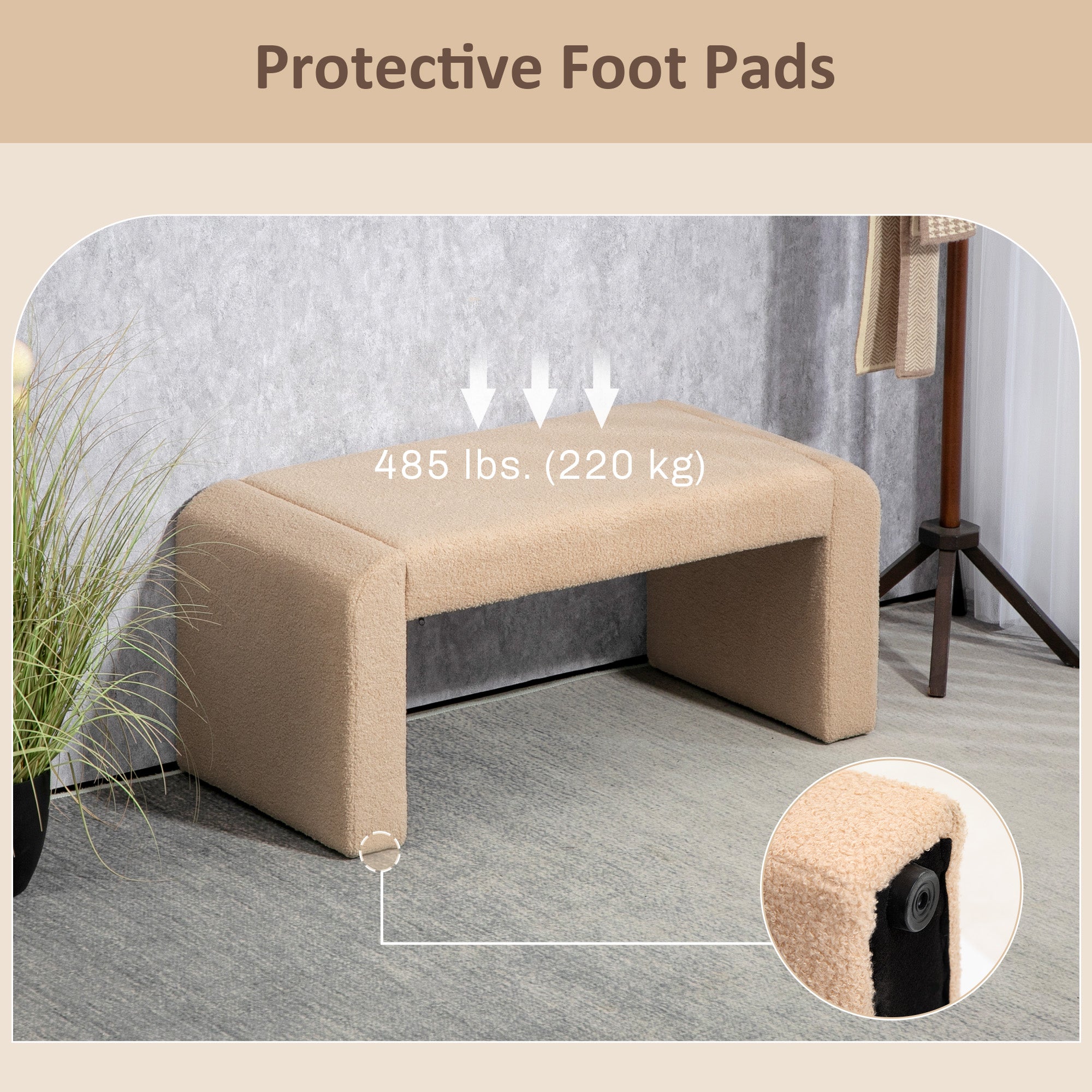 HOMCOM 39" Upholstered End of Bed Bench, Boucle Entryway Bench, Modern U-Shaped Ottoman Bench for Bedroom, Living Room, Hallway, Light Brown