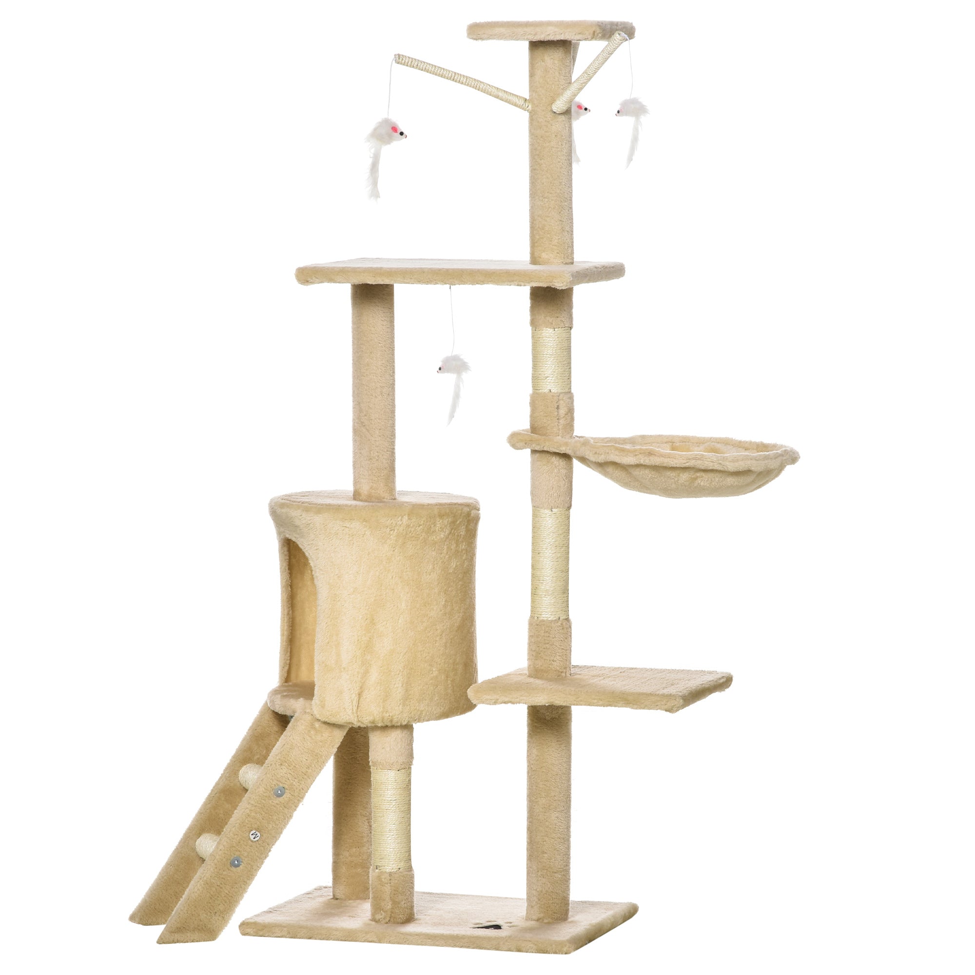 PawHut Cat Tree for Indoor Cats 135cm Kitten Tower Scratching Post Kitty Scratcher Climbing Tower with Ladder, Beige