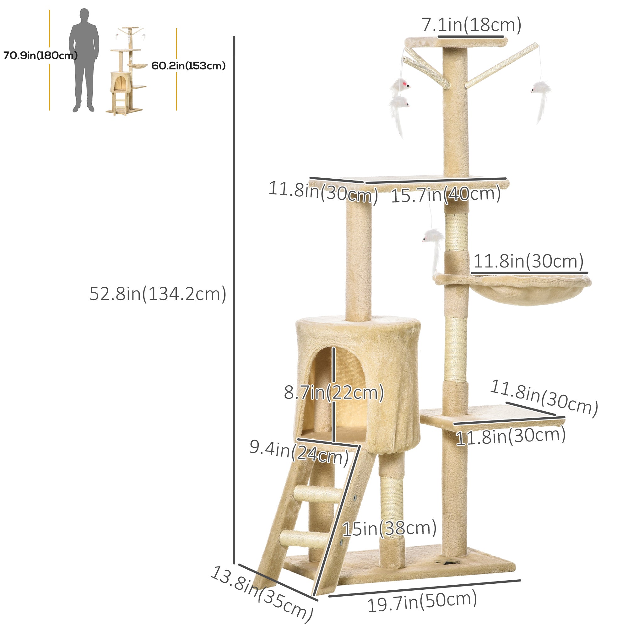 PawHut 52" Multi-Level Cat Tree Kitten Playhouse Kitty Activity Center Scratching Post Rest Condo with Hammock Beige