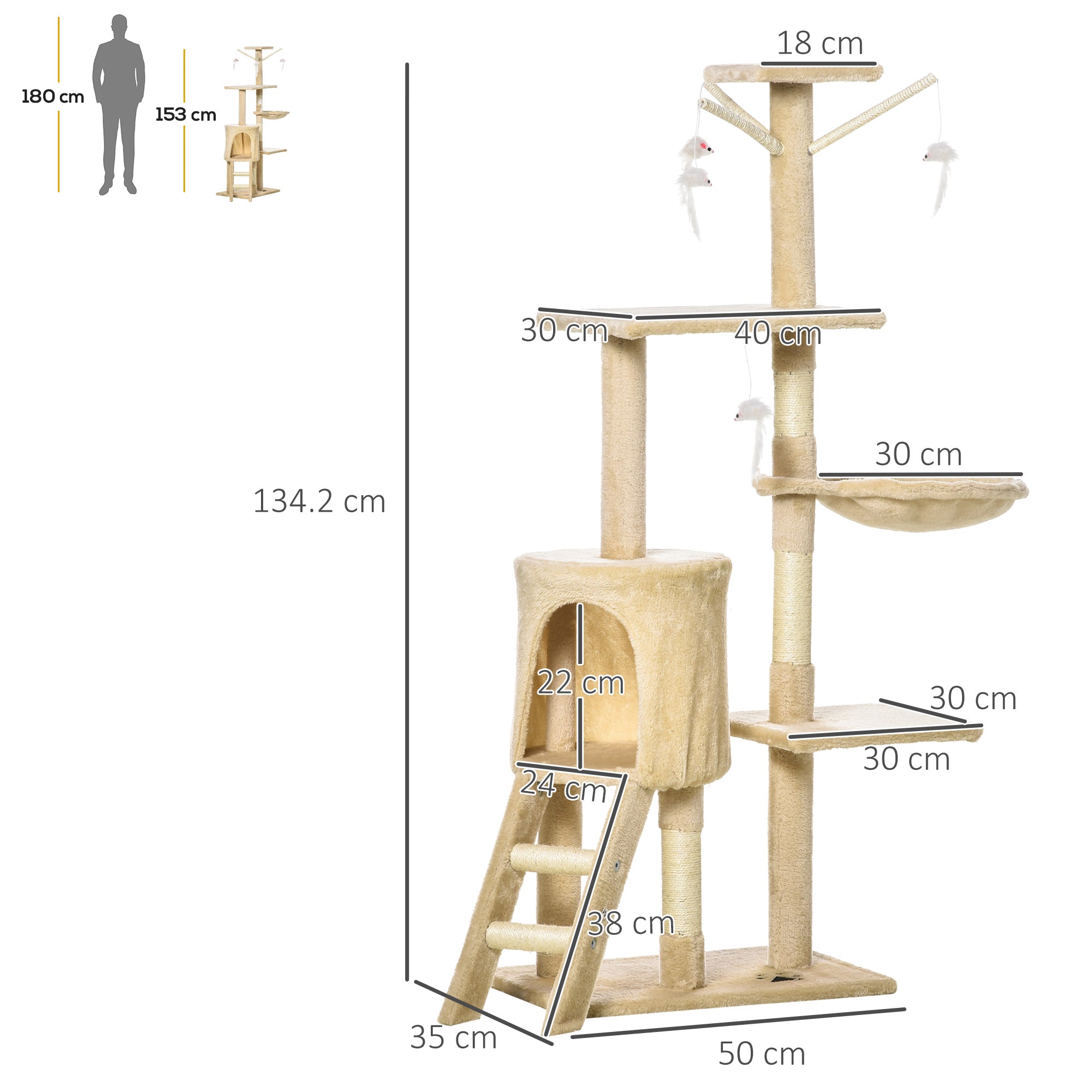 PawHut Cat Tree for Indoor Cats 135cm Kitten Tower Scratching Post Kitty Scratcher Climbing Tower with Ladder, Beige