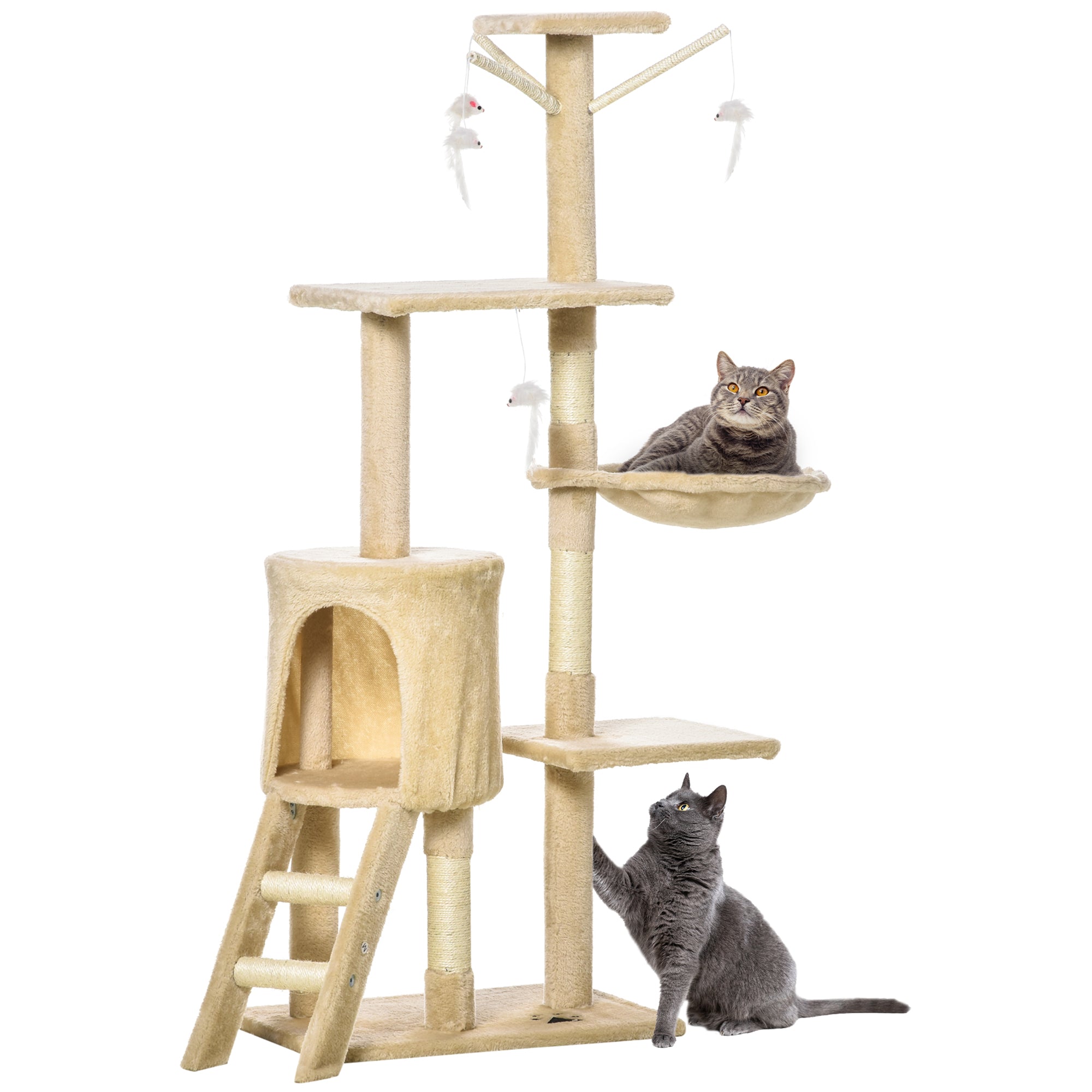 PawHut Cat Tree for Indoor Cats 135cm Kitten Tower Scratching Post Kitty Scratcher Climbing Tower with Ladder, Beige