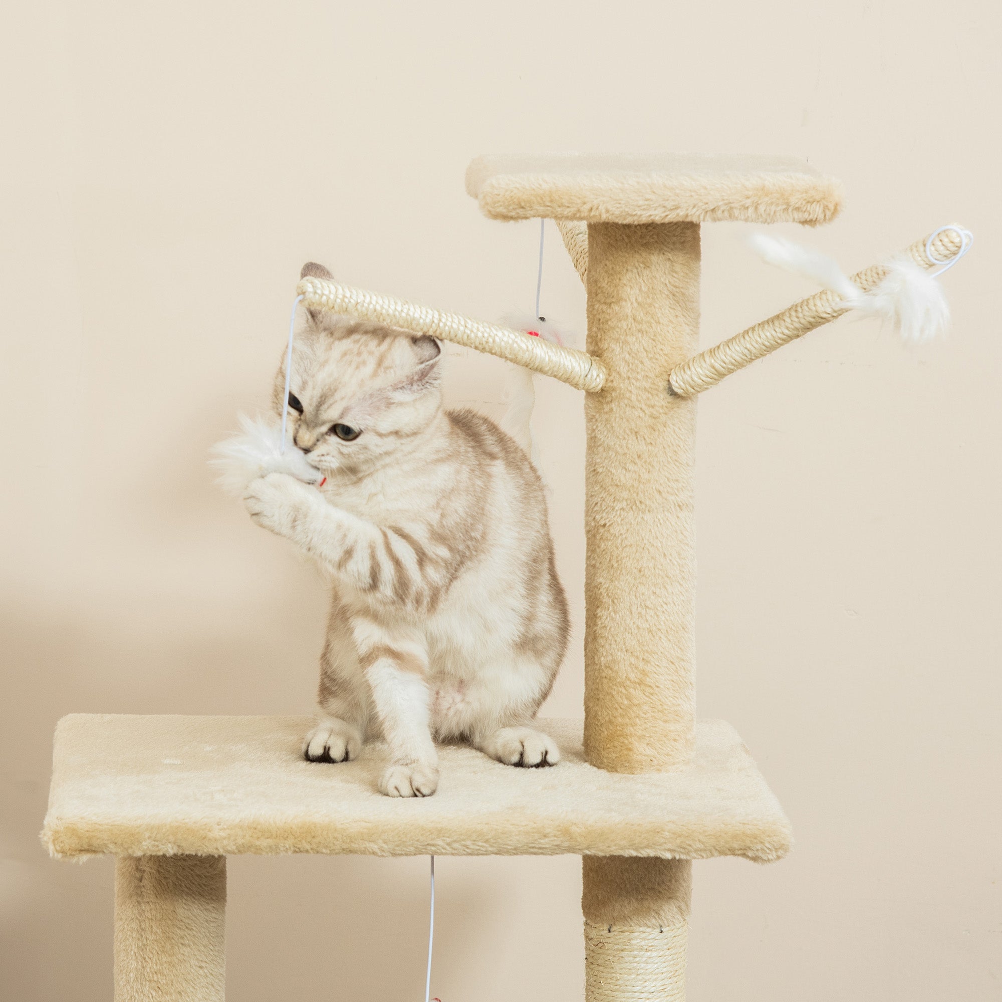 PawHut Cat Tree for Indoor Cats 135cm Kitten Tower Scratching Post Kitty Scratcher Climbing Tower with Ladder, Beige