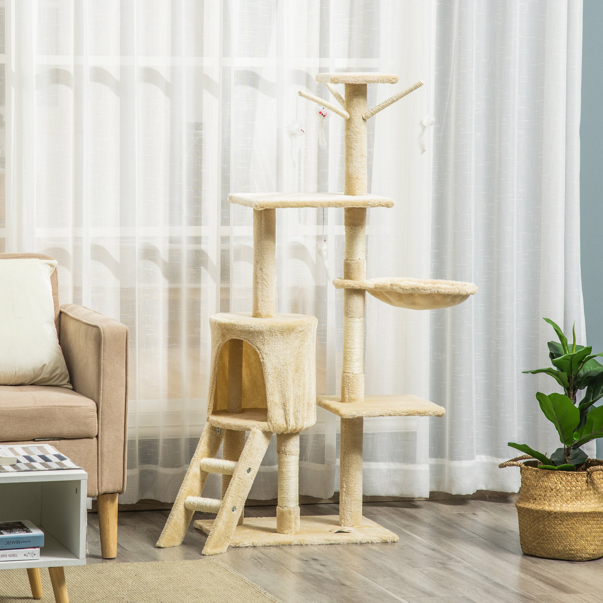 PawHut 52" Multi-Level Cat Tree Kitten Playhouse Kitty Activity Center Scratching Post Rest Condo with Hammock Beige