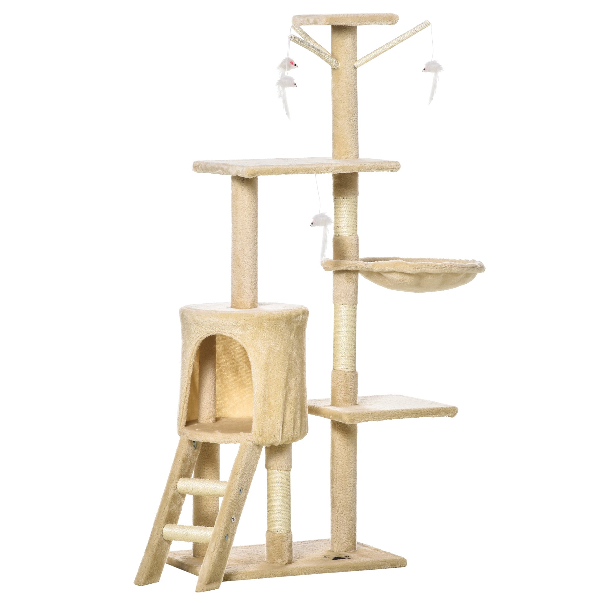 PawHut Cat Tree for Indoor Cats 135cm Kitten Tower Scratching Post Kitty Scratcher Climbing Tower with Ladder, Beige