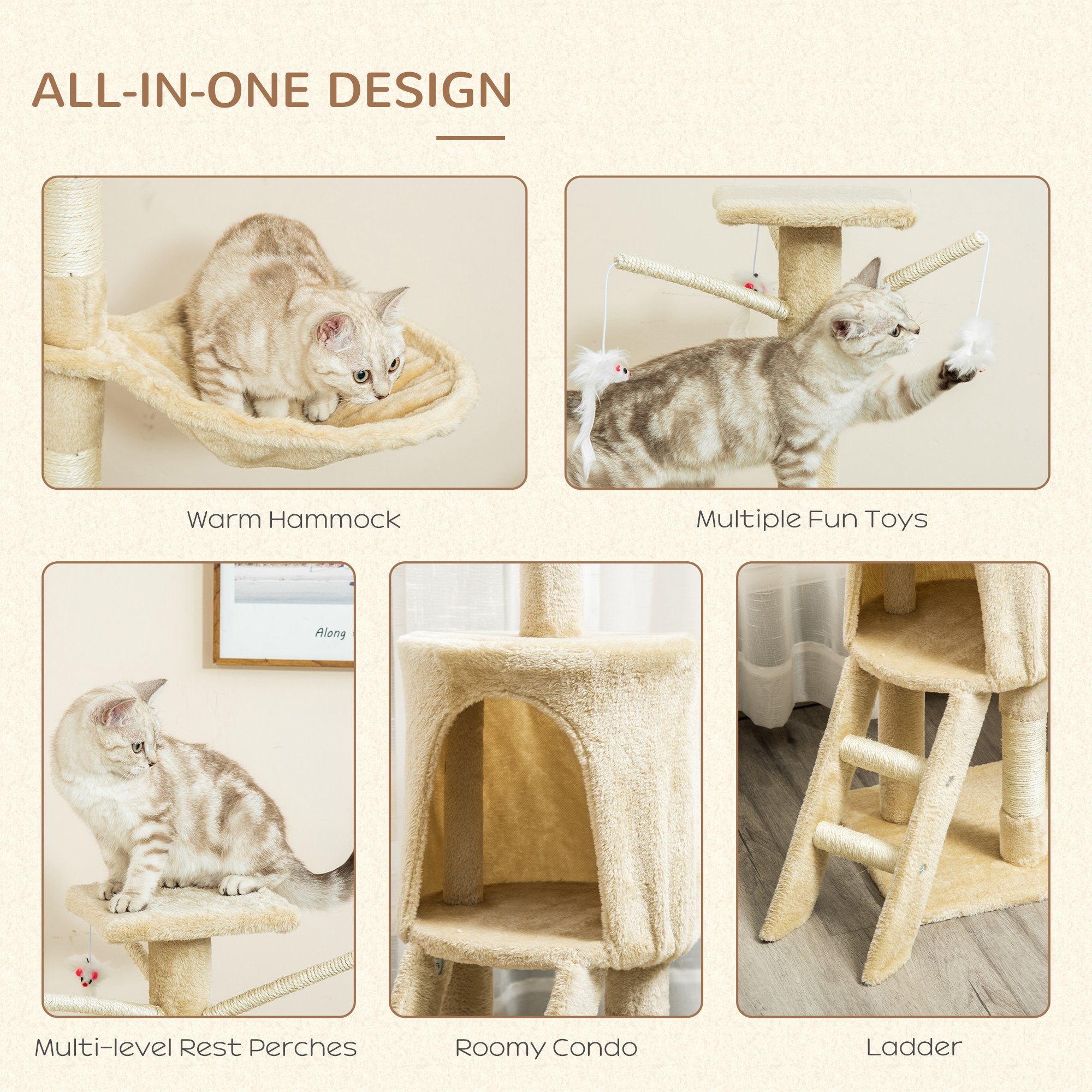 PawHut 52" Multi-Level Cat Tree Kitten Playhouse Kitty Activity Center Scratching Post Rest Condo with Hammock Beige
