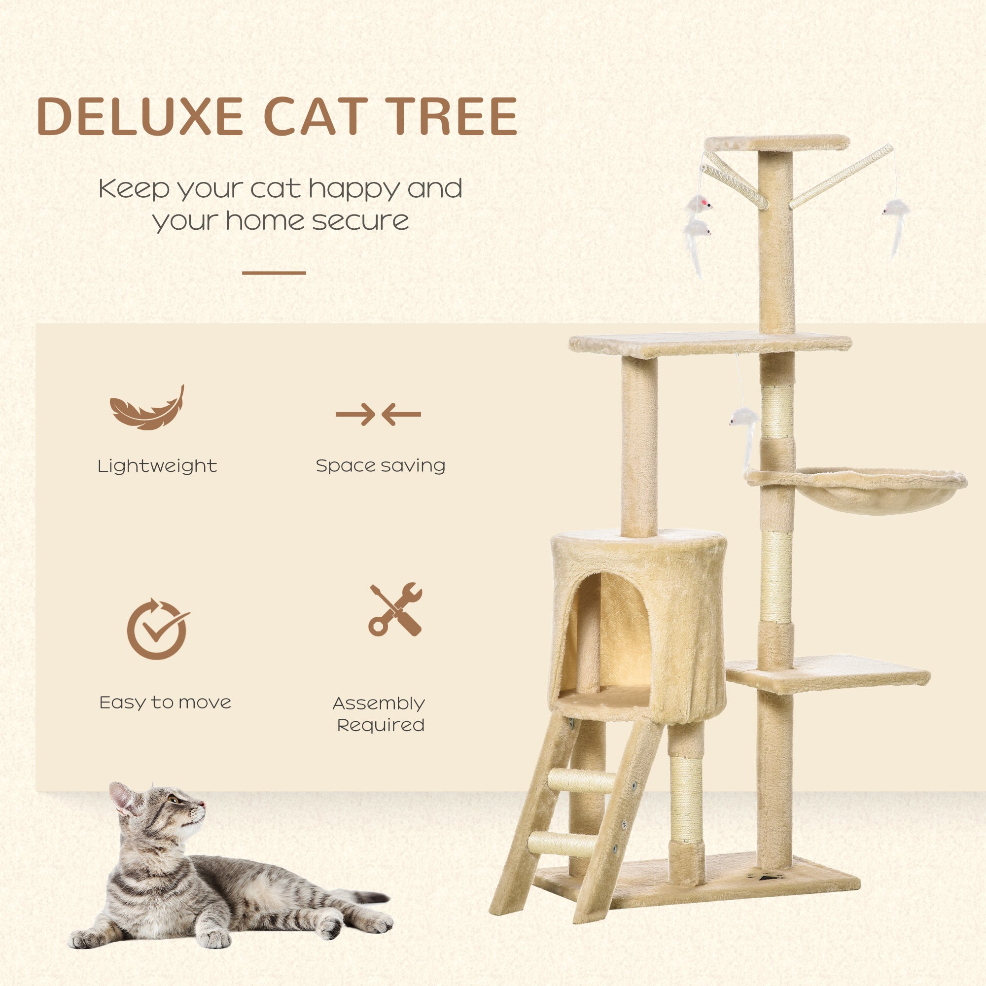 PawHut 52" Multi-Level Cat Tree Kitten Playhouse Kitty Activity Center Scratching Post Rest Condo with Hammock Beige