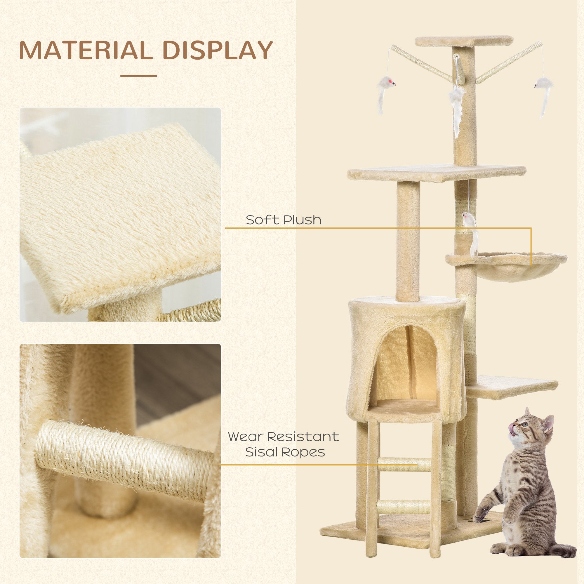 PawHut 52" Multi-Level Cat Tree Kitten Playhouse Kitty Activity Center Scratching Post Rest Condo with Hammock Beige