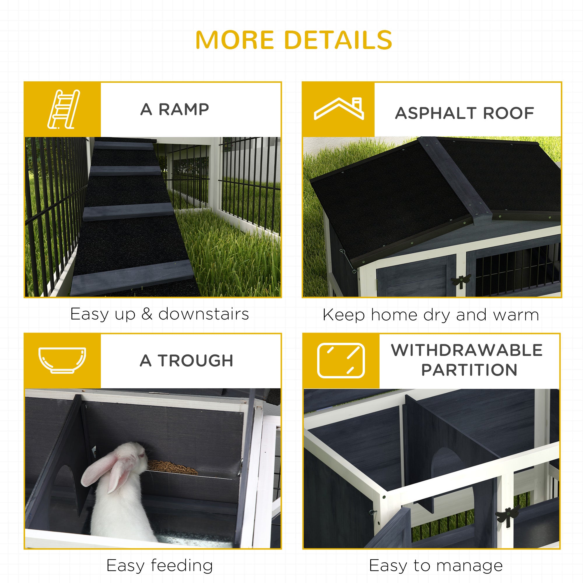 PawHut Solid Wood Rabbit Hutch Bunny Cage Pet Guinea Pig House Outdoor Small Animal Habitat w/ Ramp, Weather-Resistant Asphalt Openable Roof, Pull-out Tray, Dark Grey