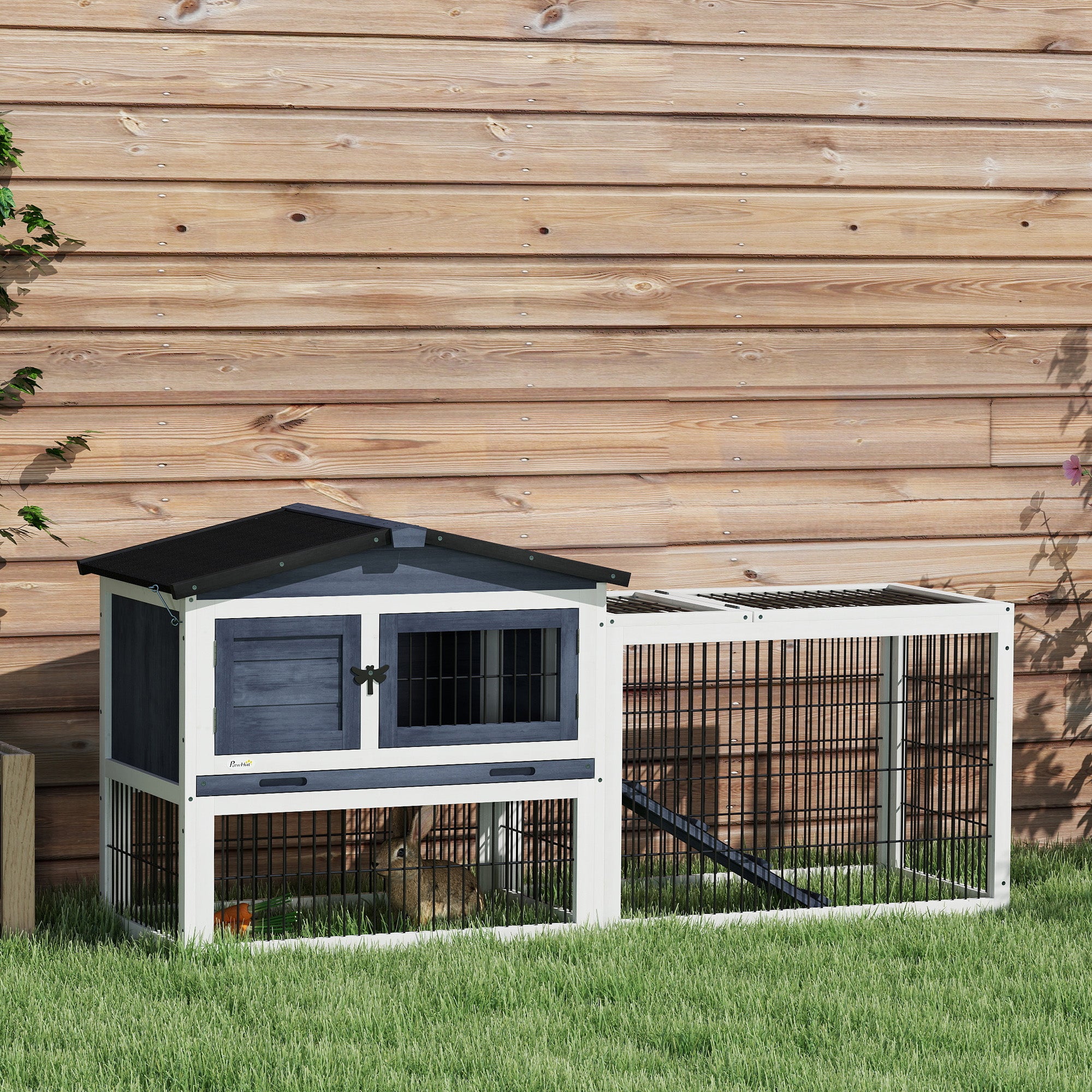 PawHut Solid Wood Rabbit Hutch Bunny Cage Pet Guinea Pig House Outdoor Small Animal Habitat w/ Ramp, Weather-Resistant Asphalt Openable Roof, Pull-out Tray, Dark Grey