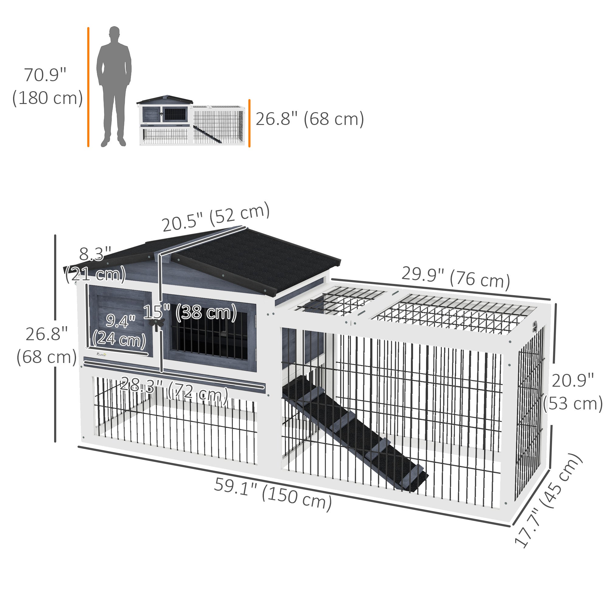 PawHut Solid Wood Rabbit Hutch Bunny Cage Pet Guinea Pig House Outdoor Small Animal Habitat w/ Ramp, Weather-Resistant Asphalt Openable Roof, Pull-out Tray, Dark Grey