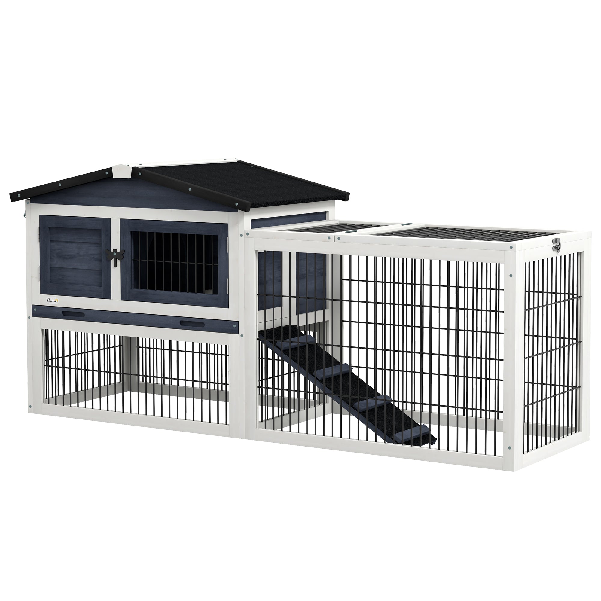 PawHut Solid Wood Rabbit Hutch Bunny Cage Pet Guinea Pig House Outdoor Small Animal Habitat w/ Ramp, Weather-Resistant Asphalt Openable Roof, Pull-out Tray, Dark Grey