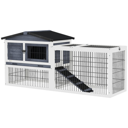 PawHut Solid Wood Rabbit Hutch Bunny Cage Pet Guinea Pig House Outdoor Small Animal Habitat w/ Ramp, Weather-Resistant Asphalt Openable Roof, Pull-out Tray, Dark Grey