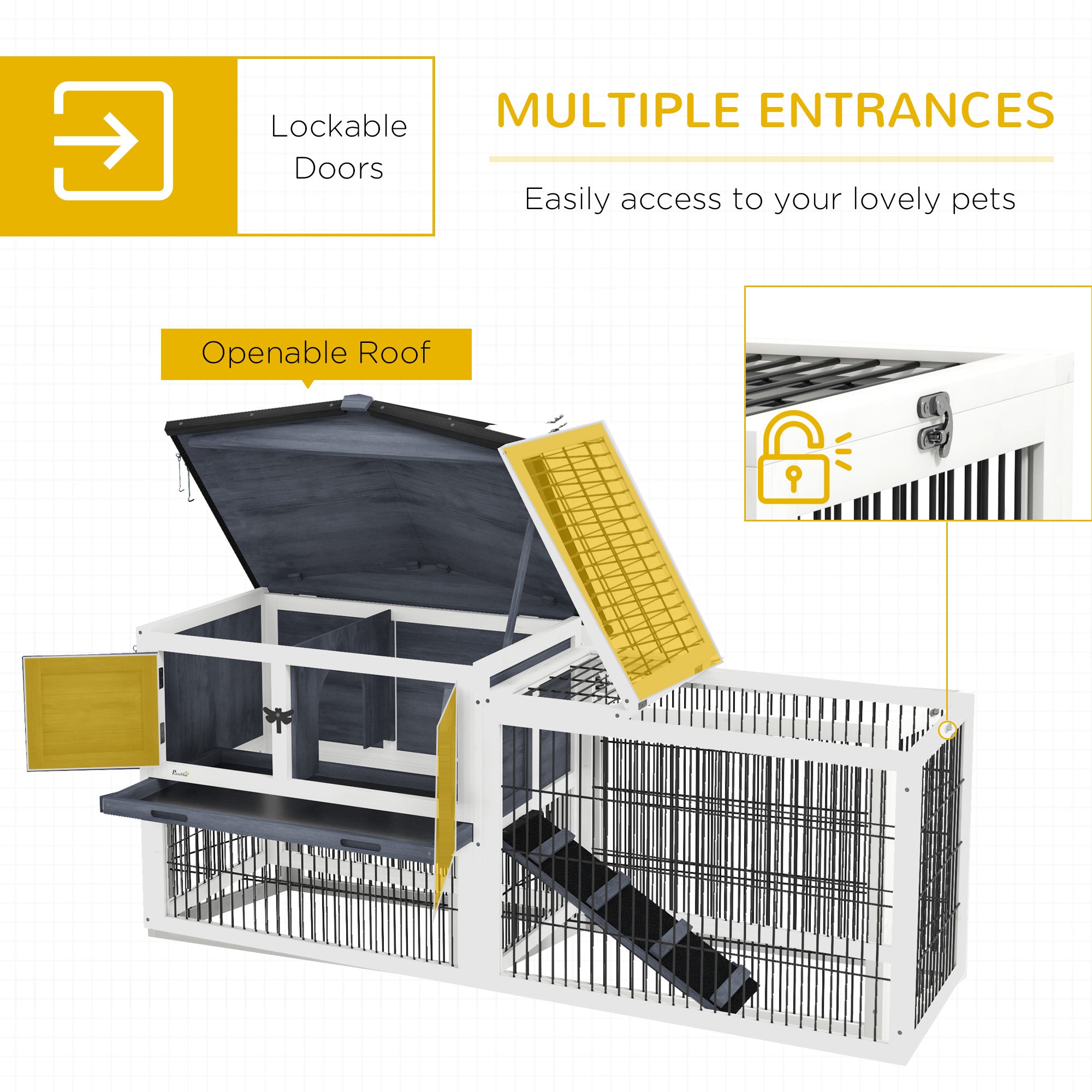 PawHut Solid Wood Rabbit Hutch Bunny Cage Pet Guinea Pig House Outdoor Small Animal Habitat w/ Ramp, Weather-Resistant Asphalt Openable Roof, Pull-out Tray, Dark Grey