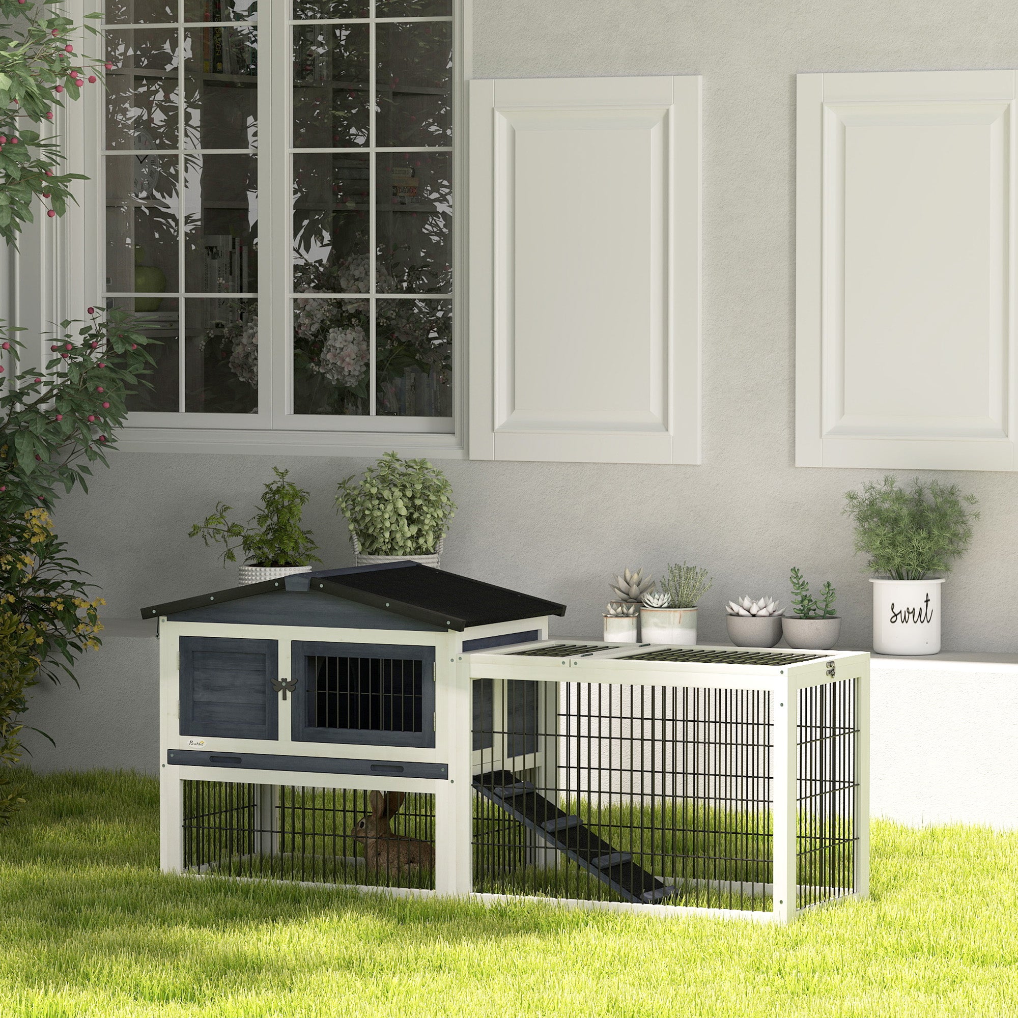 PawHut Solid Wood Rabbit Hutch Bunny Cage Pet Guinea Pig House Outdoor Small Animal Habitat w/ Ramp, Weather-Resistant Asphalt Openable Roof, Pull-out Tray, Dark Grey