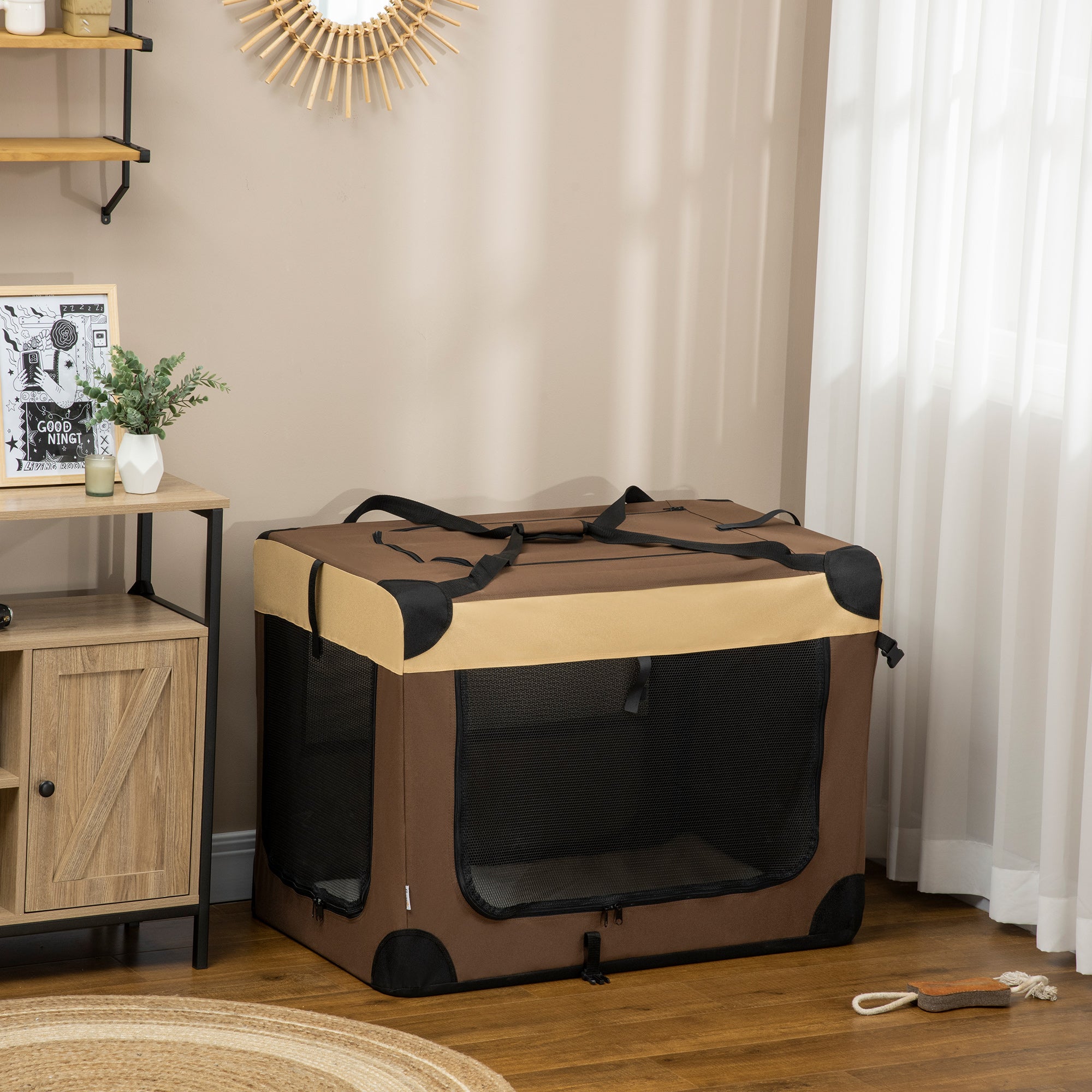 PawHut 91cm Foldable Pet Carrier for Large Dogs, Portable Cat Carrier Soft Side Pet Travel Crate with Removable Mat, Breathable Mesh - Brown