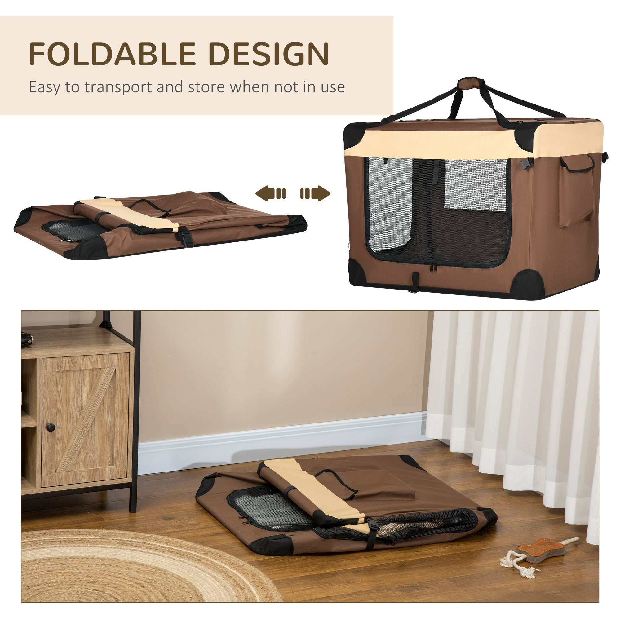 PawHut 91cm Foldable Pet Carrier for Large Dogs, Portable Cat Carrier Soft Side Pet Travel Crate with Removable Mat, Breathable Mesh - Brown
