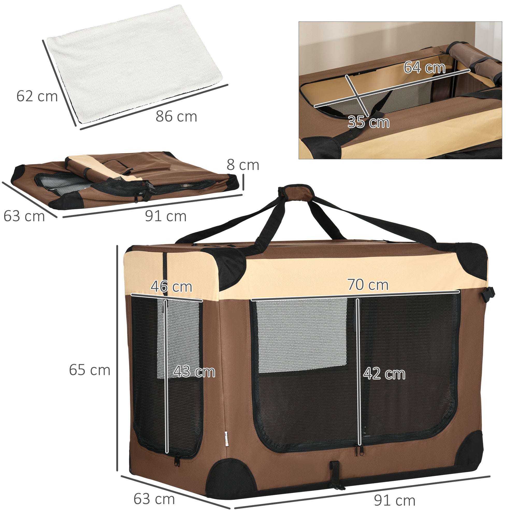 PawHut 91cm Foldable Pet Carrier for Large Dogs, Portable Cat Carrier Soft Side Pet Travel Crate with Removable Mat, Breathable Mesh - Brown