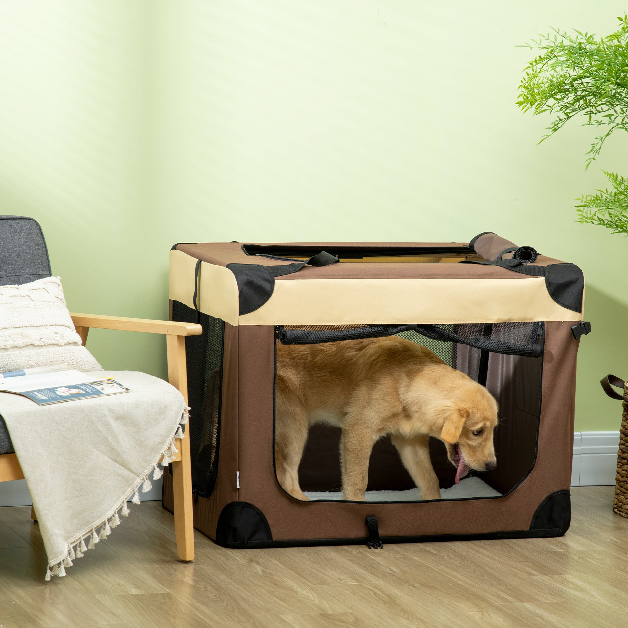 PawHut 91cm Foldable Pet Carrier for Large Dogs, Portable Cat Carrier Soft Side Pet Travel Crate with Removable Mat, Breathable Mesh - Brown