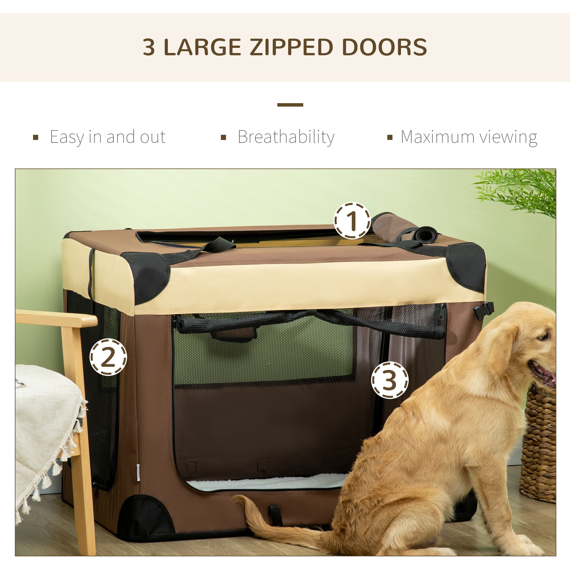 PawHut 91cm Foldable Pet Carrier for Large Dogs, Portable Cat Carrier Soft Side Pet Travel Crate with Removable Mat, Breathable Mesh - Brown