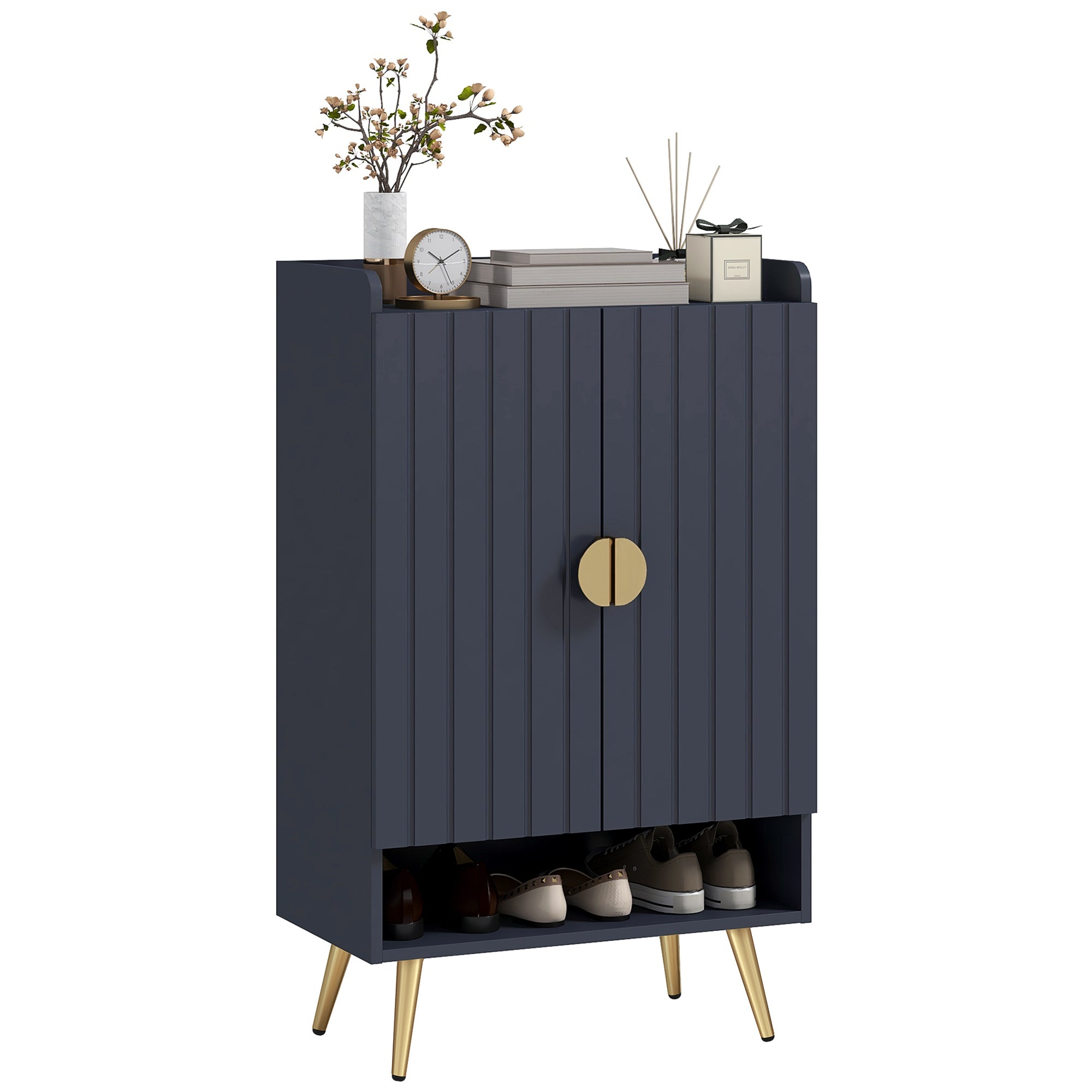 HOMCOM Narrow Shoe Cabinet for Entryway Shoe Storage Cabinet with 2 Doors, Adjustable Shelves and Open Shelf for 15 Pairs of Shoes, Grey