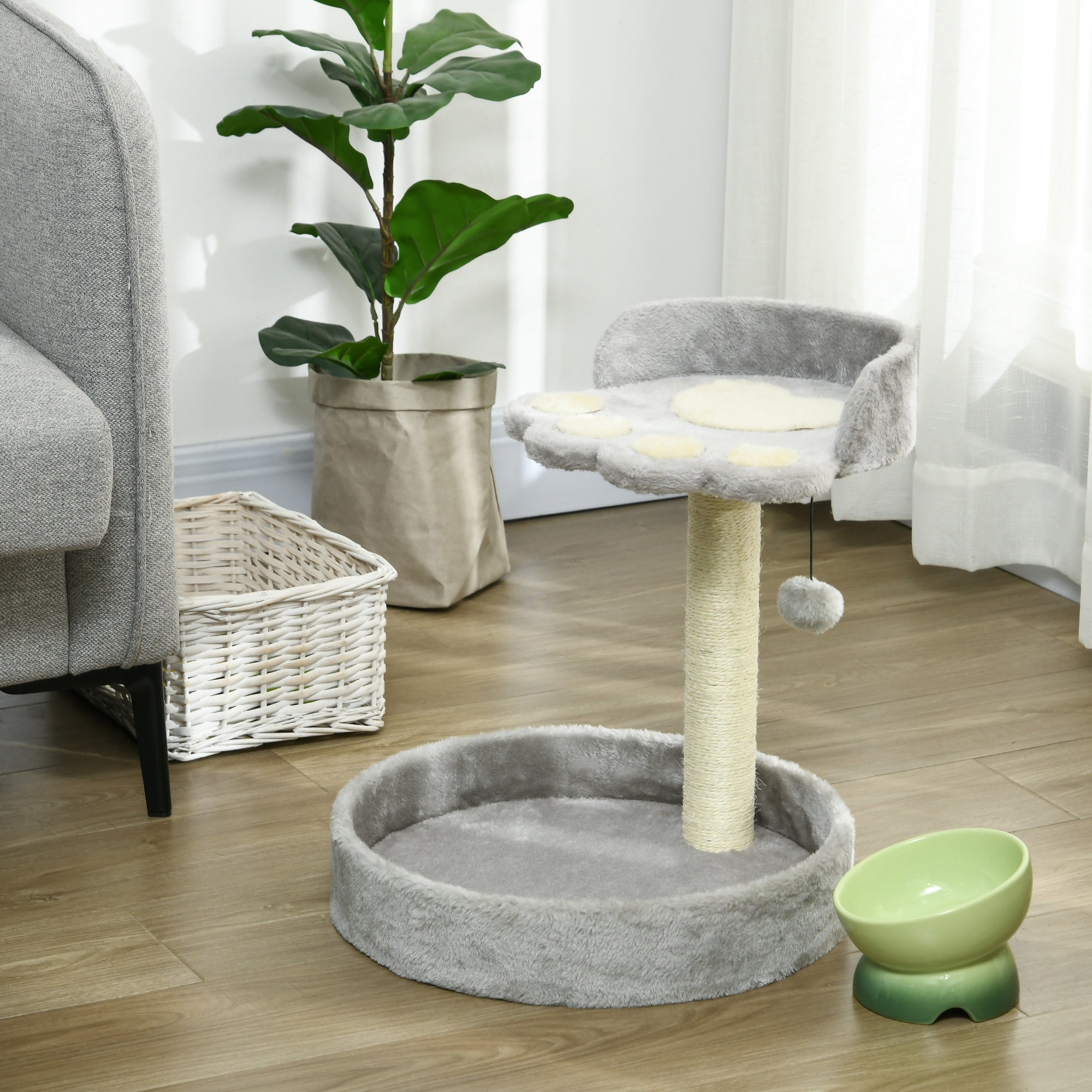 PawHut Cat Tree, 44cm Cat Tower, Cat Tree for Indoor Cats, with Sisal Cat Scratching Post, Platforms, Toy Ball - Light Grey