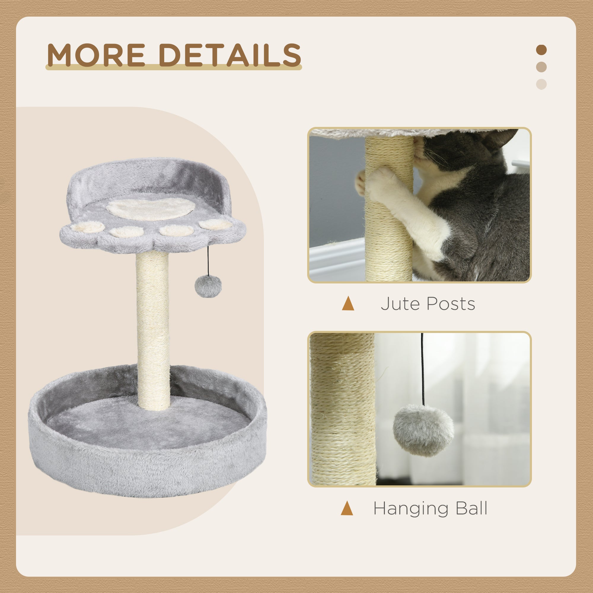 PawHut Cat Tree, 44cm Cat Tower, Cat Tree for Indoor Cats, with Sisal Cat Scratching Post, Platforms, Toy Ball - Light Grey