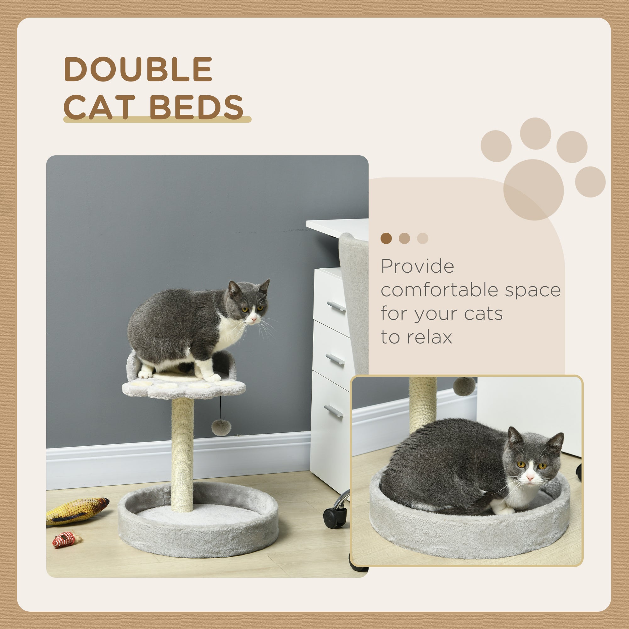 PawHut Cat Tree, 44cm Cat Tower, Cat Tree for Indoor Cats, with Sisal Cat Scratching Post, Platforms, Toy Ball - Light Grey