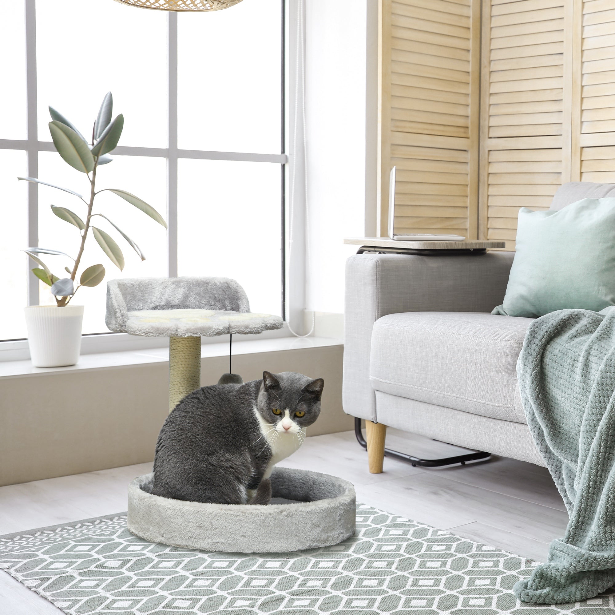 PawHut Cat Tree, 44cm Cat Tower, Cat Tree for Indoor Cats, with Sisal Cat Scratching Post, Platforms, Toy Ball - Light Grey
