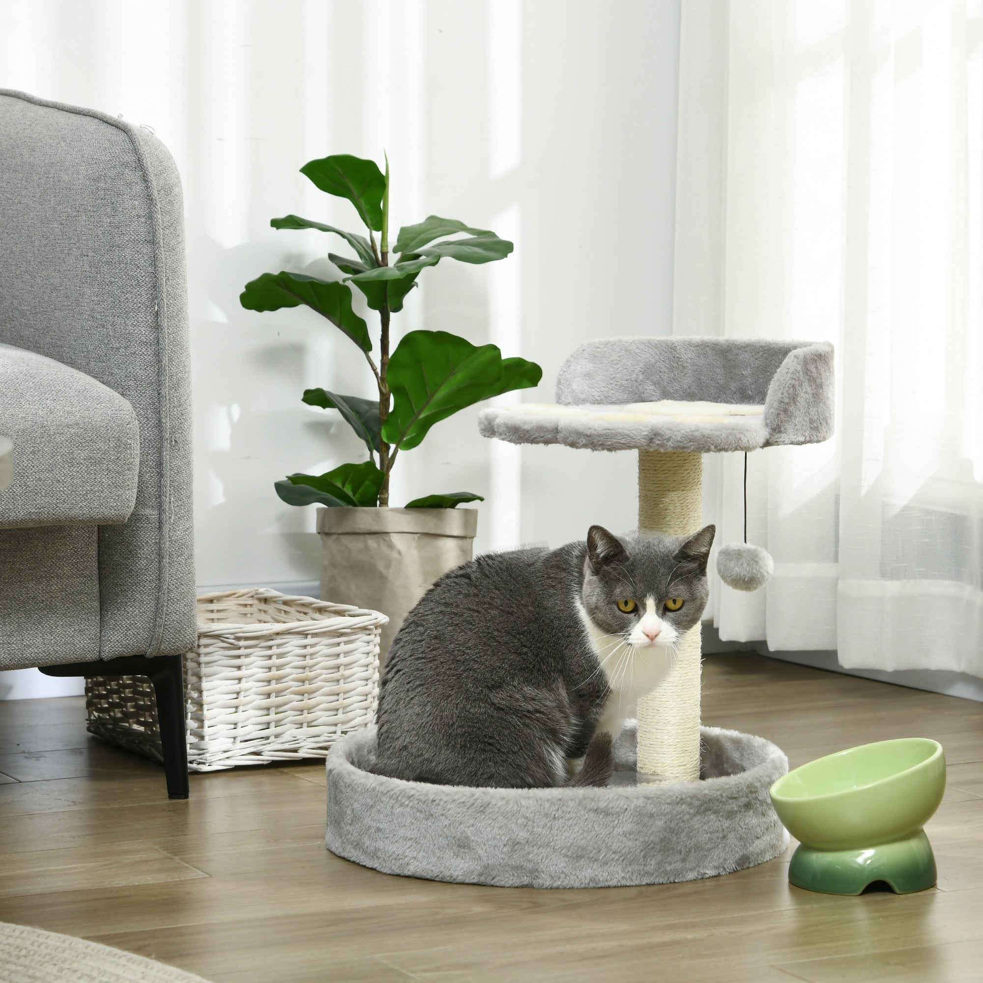 PawHut Cat Tree, 44cm Cat Tower, Cat Tree for Indoor Cats, with Sisal Cat Scratching Post, Platforms, Toy Ball - Light Grey