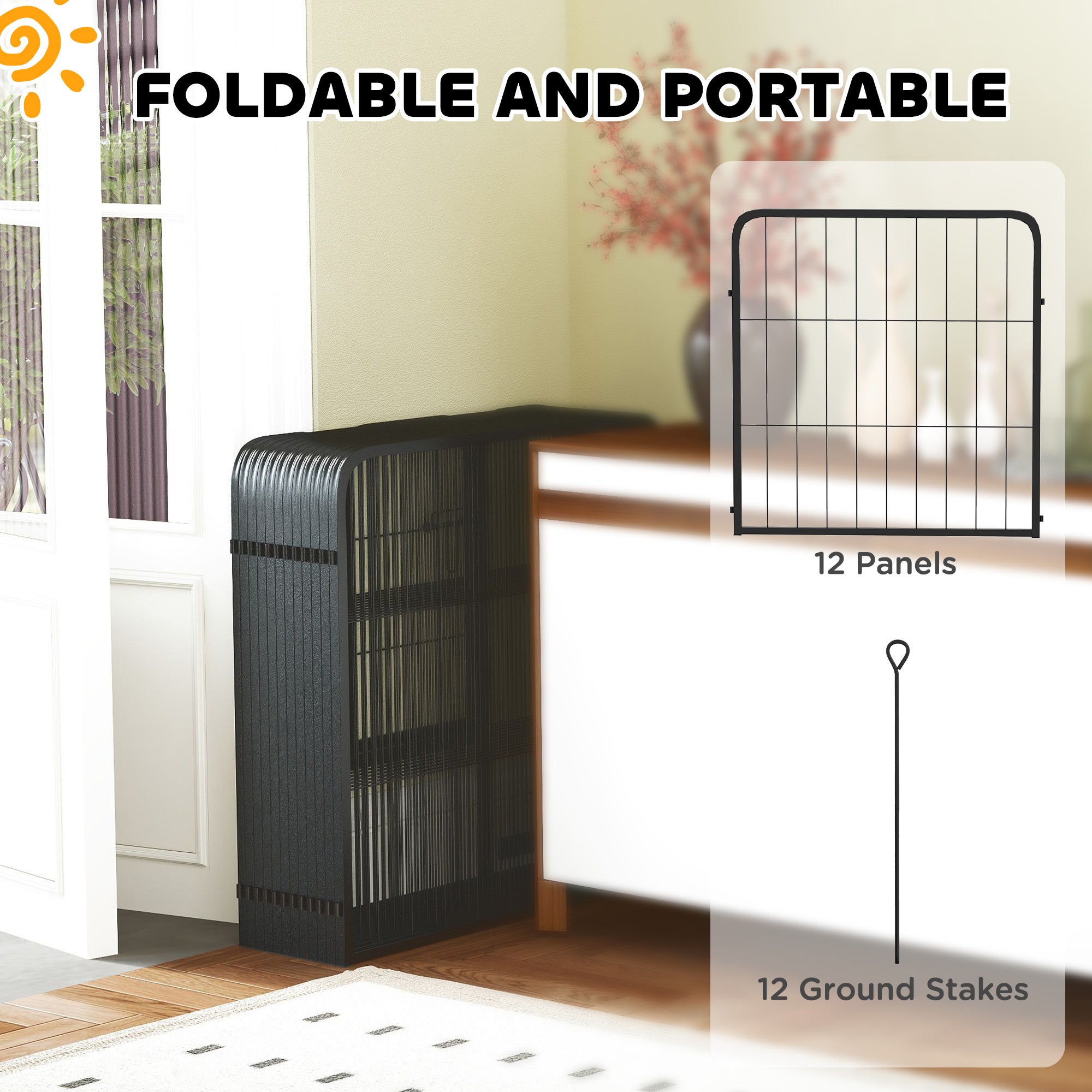 PawHut Dog Pen, 12 Panels Puppy Pen, Heavy Duty Dog Playpen, Portable Detachable Dog Exercise Pen Animal Enclosure for Small Dogs, 60cm High, Black