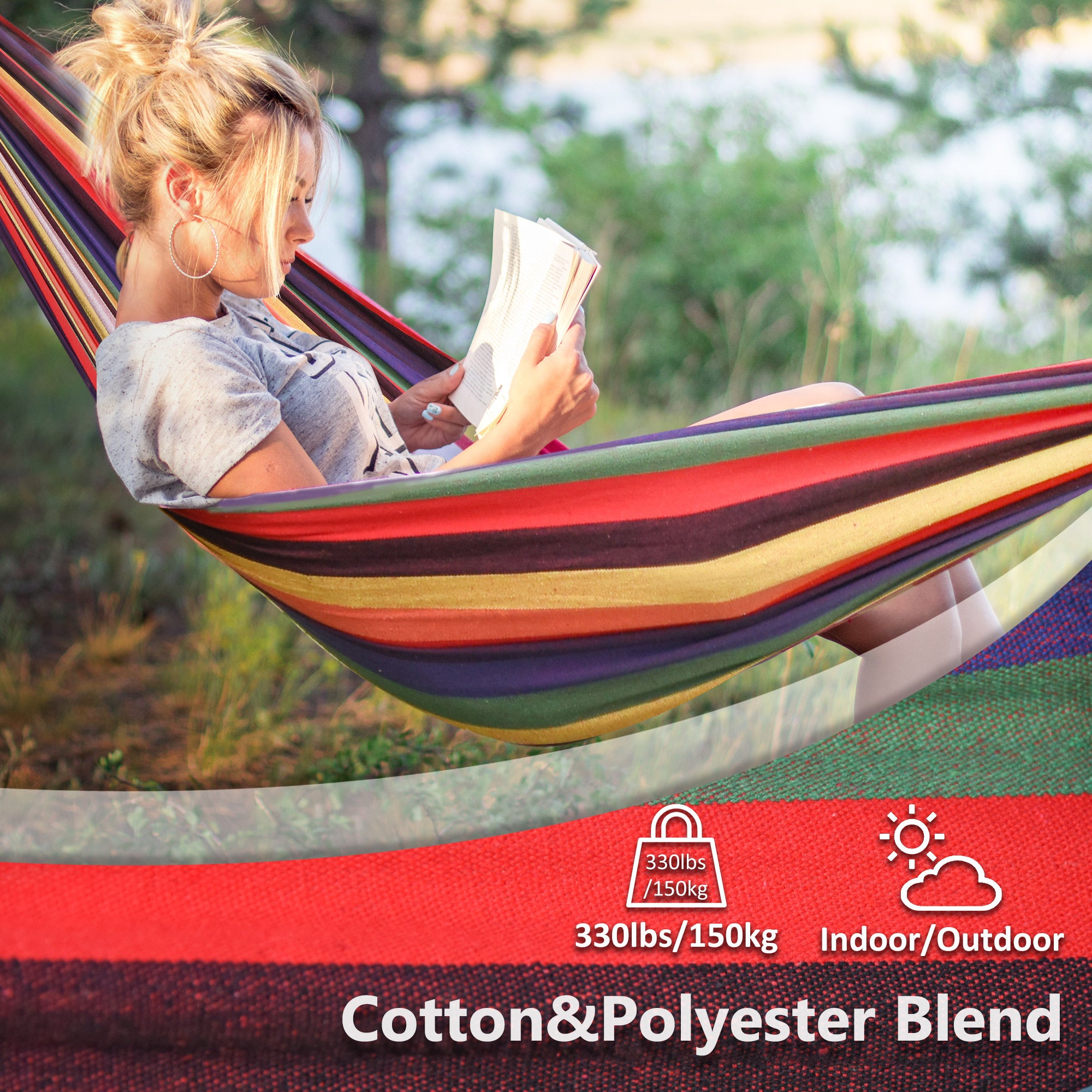 Outsunny 114" Outdoor Hammock, Extra Large Brazilian Style Hammock Cotton, Portable Hanging Camping Bed for Patio Backyard Lounging w/ Carrying Bag, Rainbow Stripe, Multi-colour