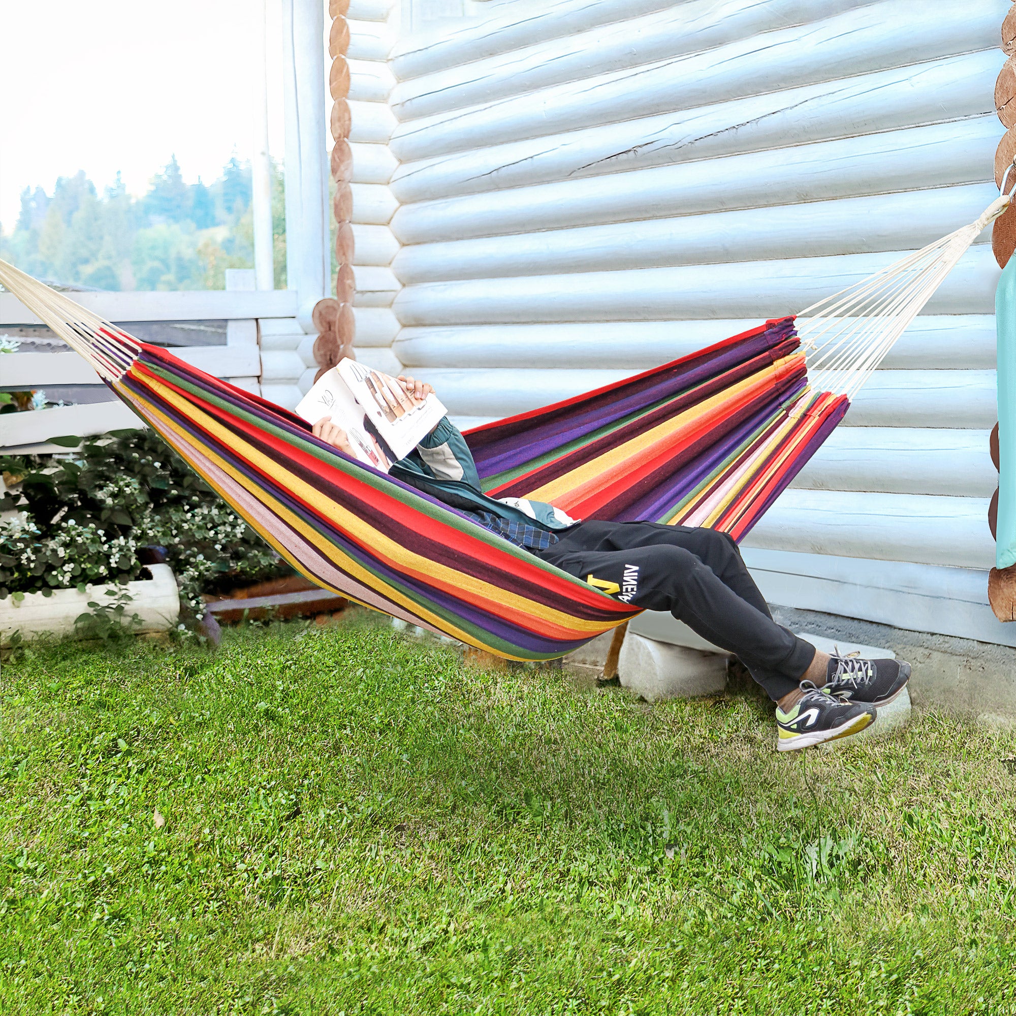 Outsunny 114" Outdoor Hammock, Extra Large Brazilian Style Hammock Cotton, Portable Hanging Camping Bed for Patio Backyard Lounging w/ Carrying Bag, Rainbow Stripe, Multi-colour